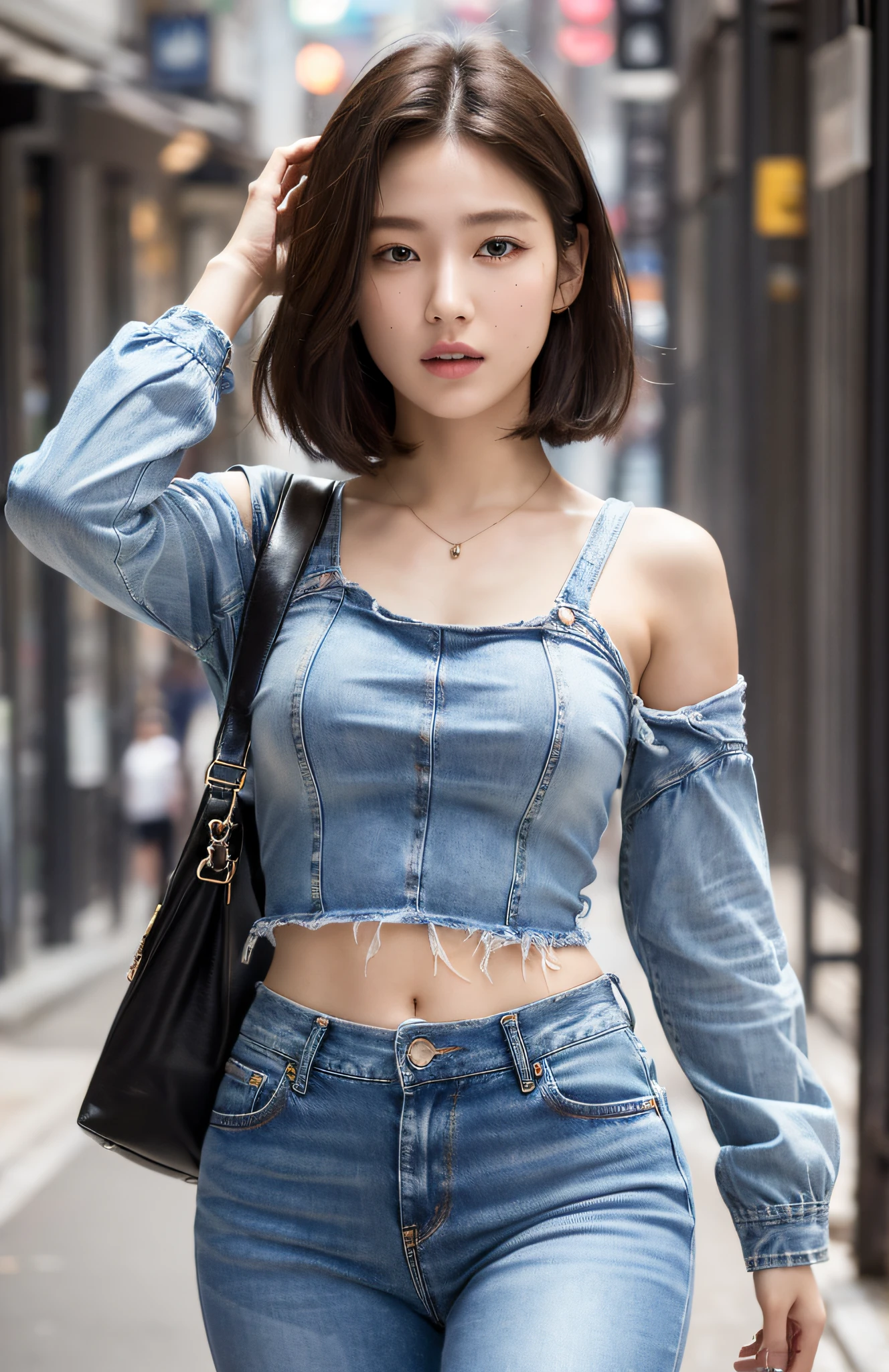 (Ultra HD, Masterpiece, Accurate, Anatomically Correct, Textured Skin, Very Detailed, High Detail, High Quality, Best Quality, High Resolution, 8K), a 20 year old girl, wearing jeans, walking on the street