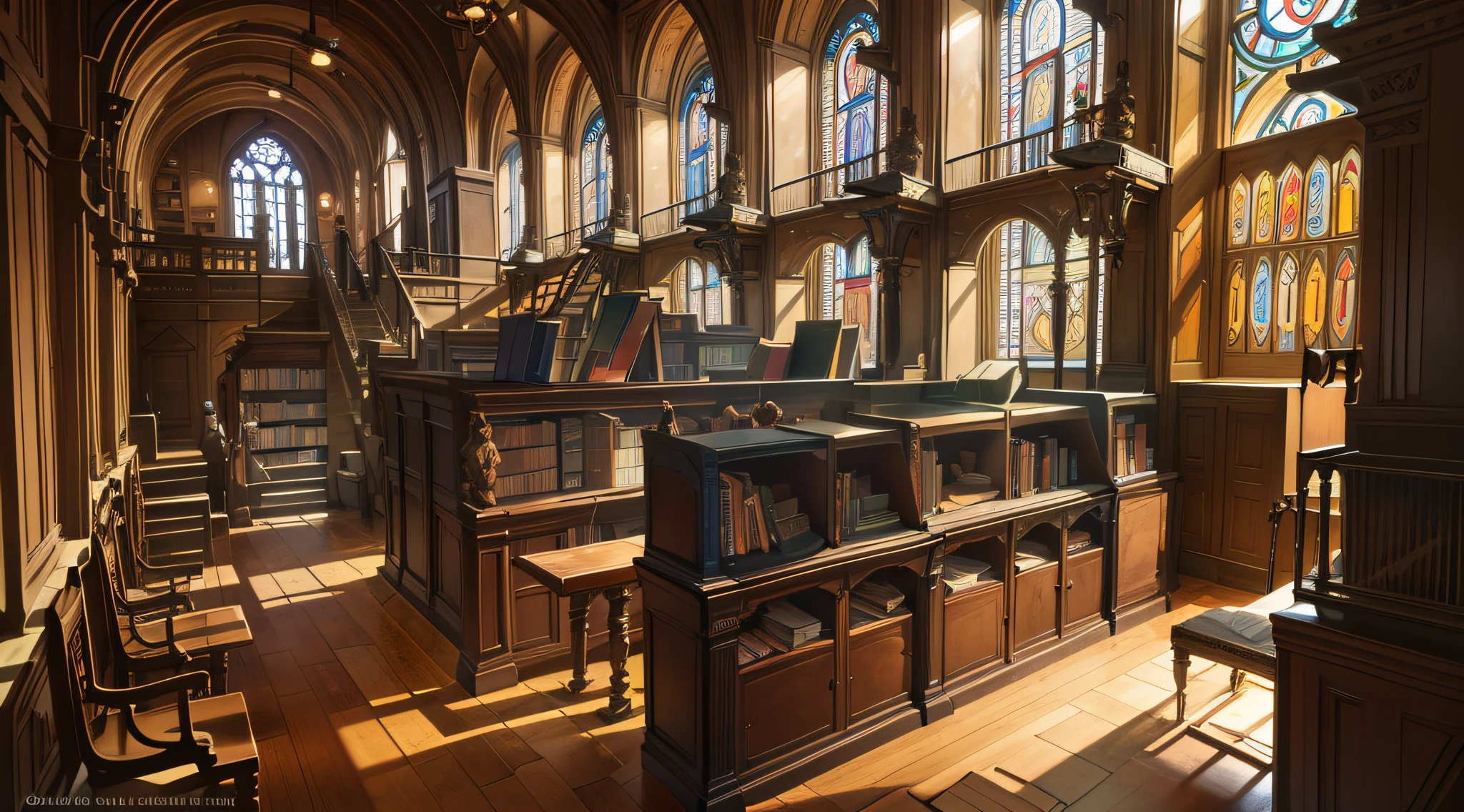 Ancient and mysterious library: Creaking wooden floors, tall bookshelves filled with dusty books, marble staircases, soft lighting, stained glass windows, antique furniture, characteristic smell of antique paper, detailed sculptures, labyrinthine corridors, solemn silence, secrets between the lines of books. --auto --s2