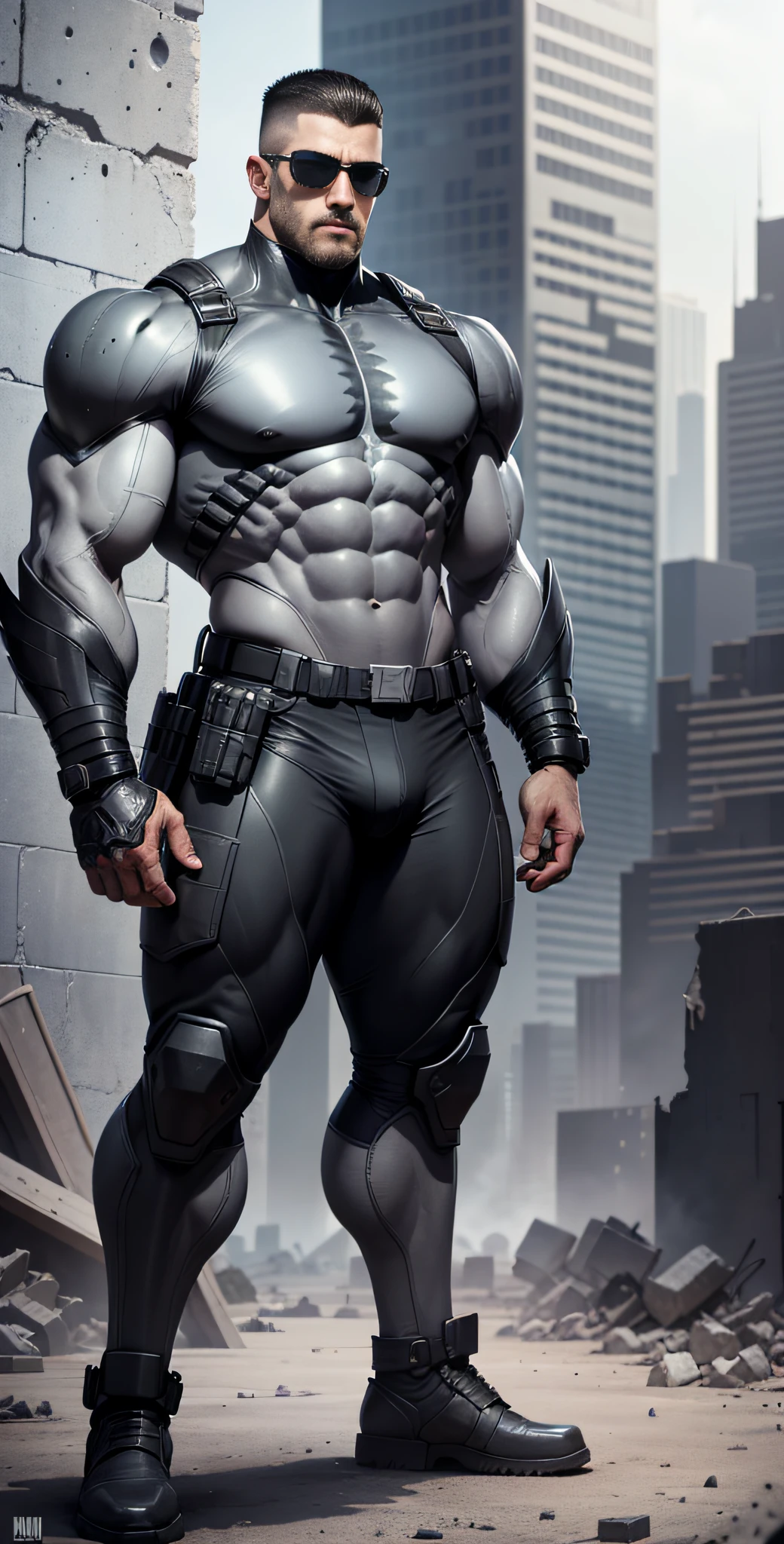 Arad man in gray, black and white clothes standing in desolate ruins, muscle male hero, Buzz cut, heroic male pose, tall and burly, muscular! Wearing black sunglasses, tall burly and strong, stealth suit, super buff and cool, high resolution committee, character design police, black military boots, attractive strong male