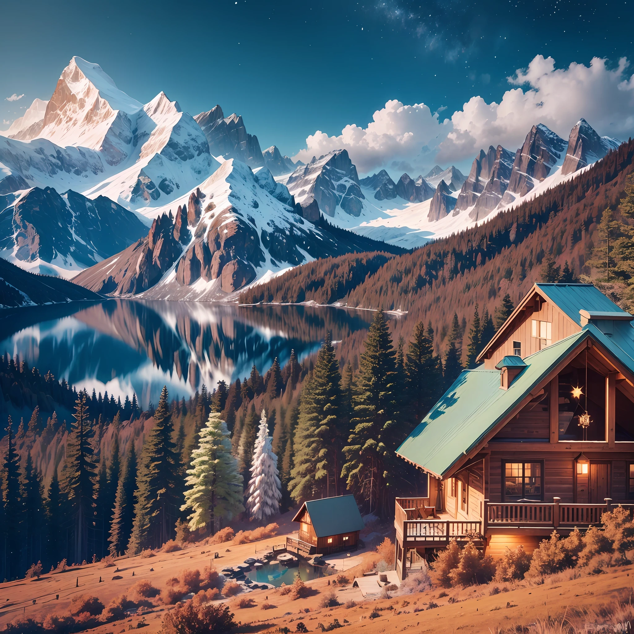 Imagine yourself in a rustic wooden house on top of the mountains, surrounded by a dense forest. The house has large windows that allow you to see the spectacular scenery of the mountains and the crystal clear lake below. The interior is cozy, with solid wood furniture and a cozy fireplace that warms the house on cold days. You can sit on the balcony of the house, looking at the majestic view of the mountains and the bright lake below. The fresh mountain air is fresh and invigorating, creating a sense of calm and tranquility. At night, the stars shine brightly in the night sky and the sound of animals in the forest create a natural symphony. It's a perfect place to relax and reconnect with nature. --auto --s2