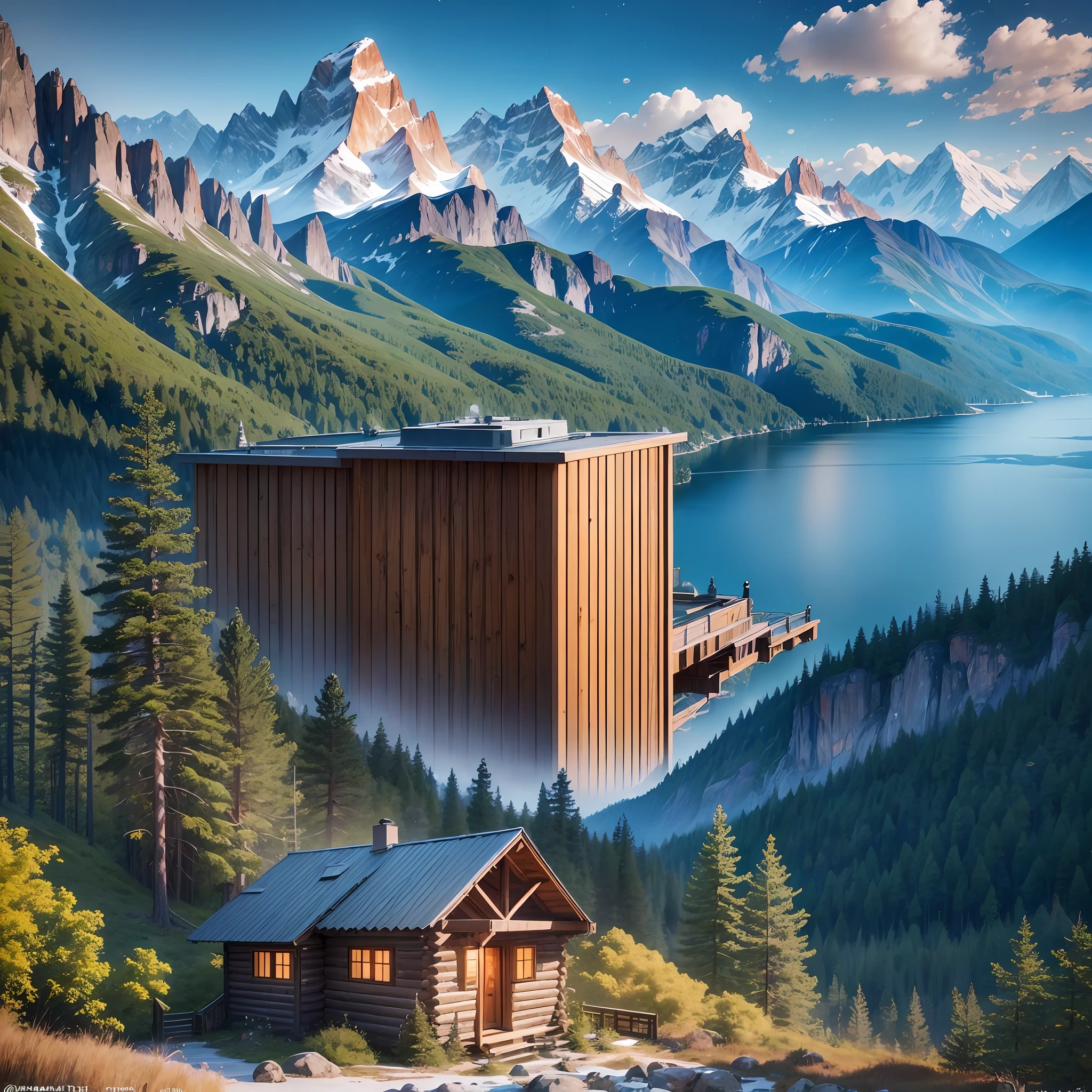 Imagine yourself in a rustic wooden house on top of the mountains, surrounded by a dense forest. The house has large windows that allow you to see the spectacular scenery of the mountains and the crystal clear lake below. The interior is cozy, with solid wood furniture and a cozy fireplace that warms the house on cold days. You can sit on the balcony of the house, looking at the majestic view of the mountains and the bright lake below. The fresh mountain air is fresh and invigorating, creating a sense of calm and tranquility. At night, the stars shine brightly in the night sky and the sound of animals in the forest create a natural symphony. It's a perfect place to relax and reconnect with nature. --auto --s2