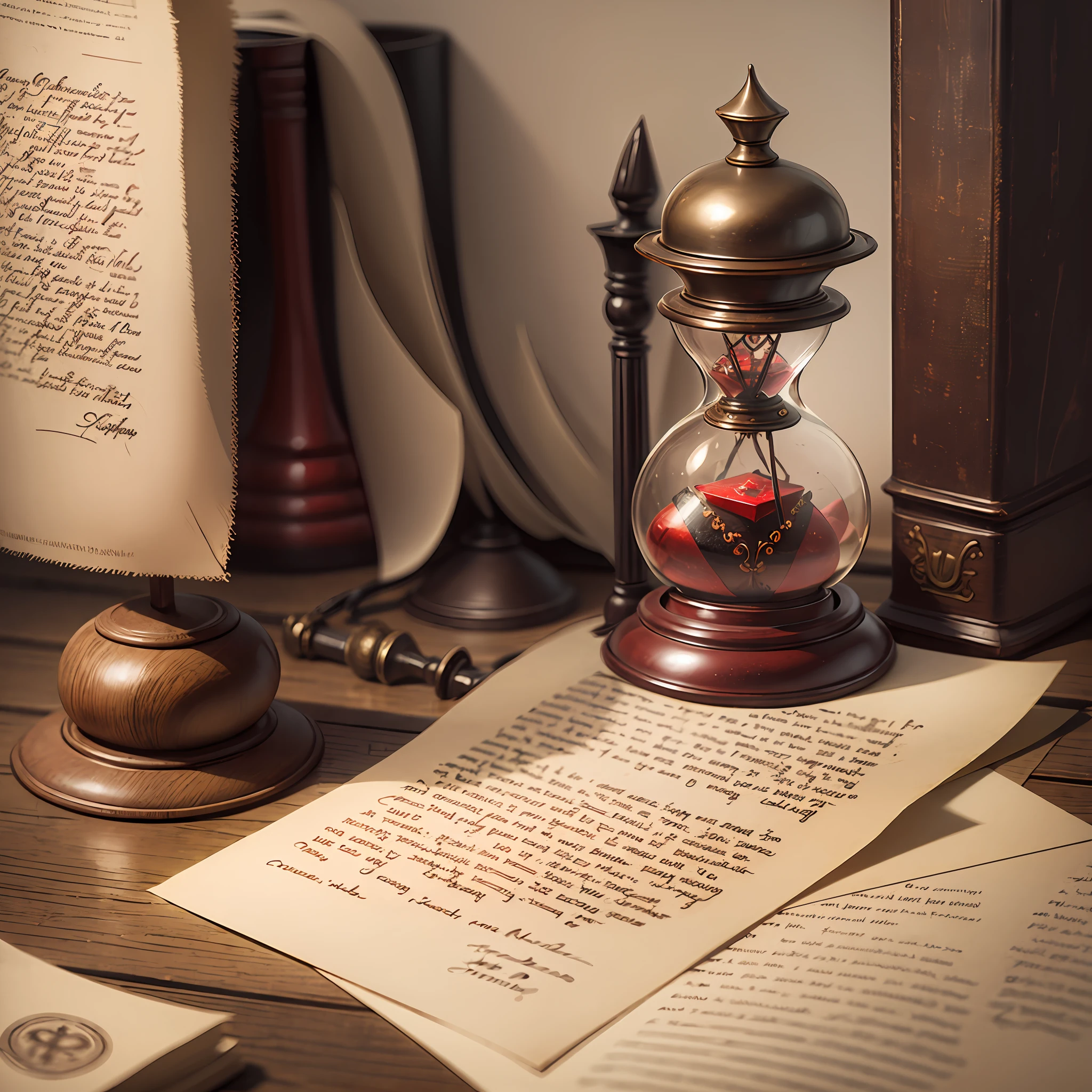 A letter on a dusty desk. The seal of this letter is red wax and has the symbol of an hourglass. --auto --s2