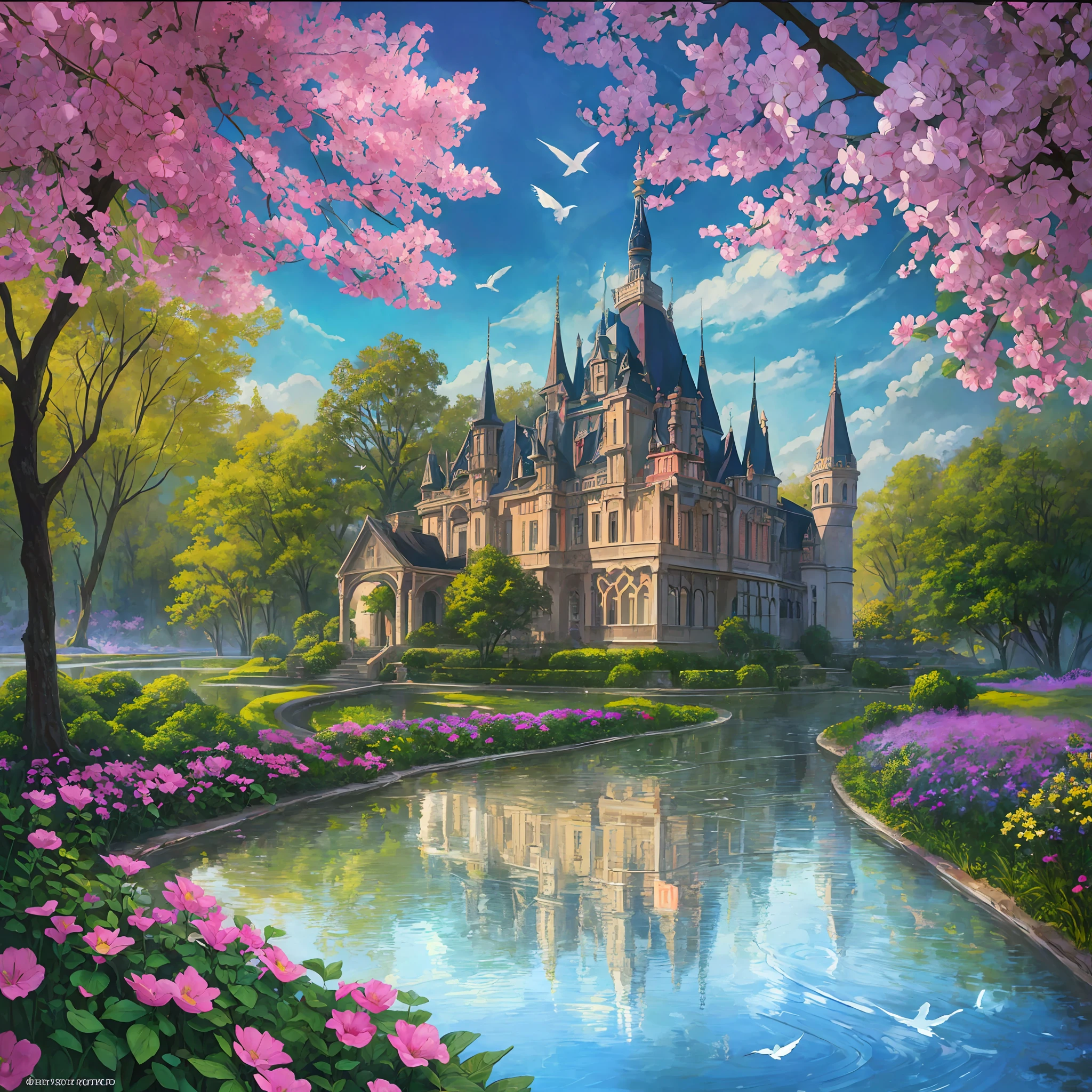 Old style painting, abandoned castle mansion covered in forest, supersaturated, princess tower, gazebo, balcony, colorful, birds, flowers, very detailed, high resolution, reflections traced by rays, dramatic lighting, 8k vibrant colors, detailed acrylic, intricate, natural volumetric film soft perfect light, oil painting --auto --s2