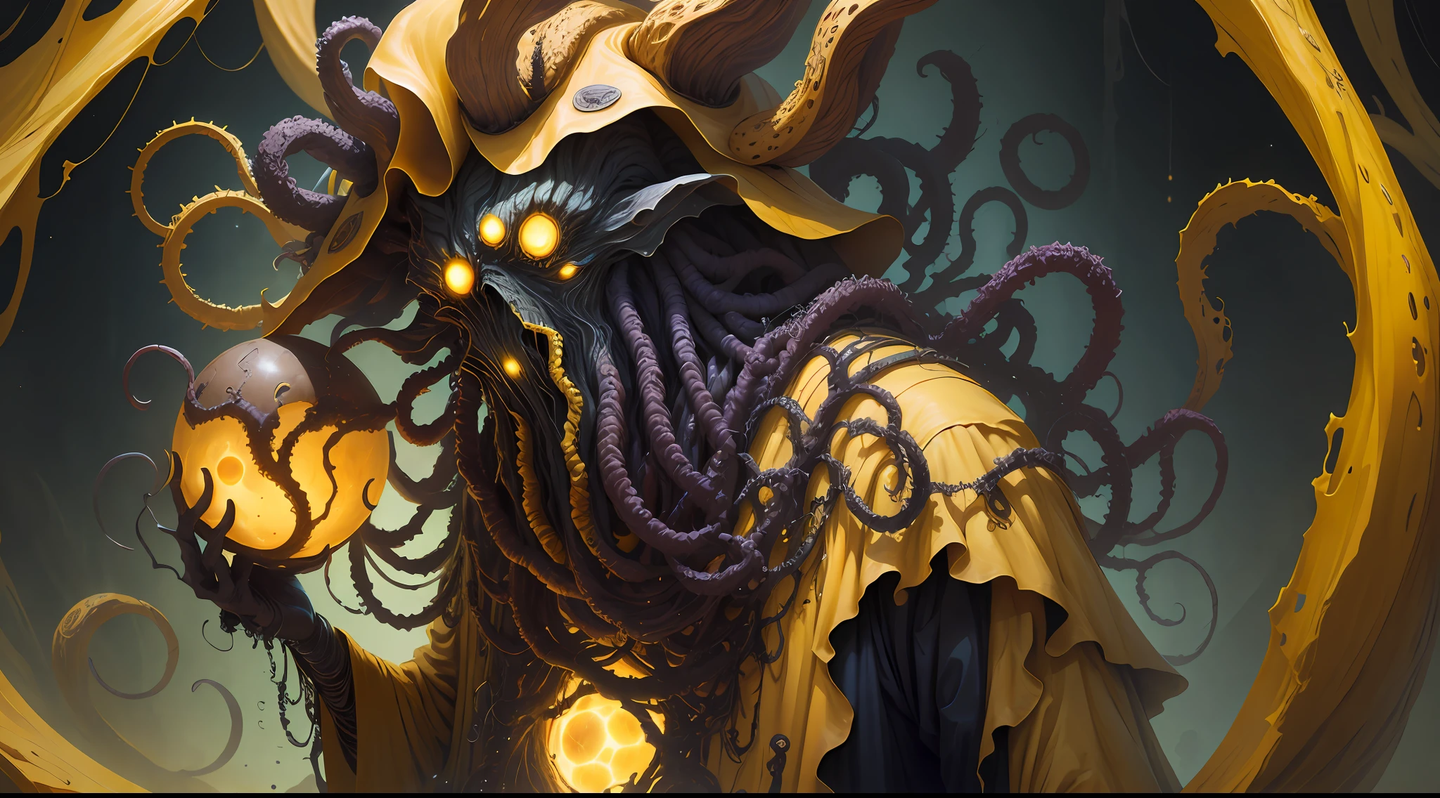 cosmic horror, a monstrous creature with tentacles, yellow and black