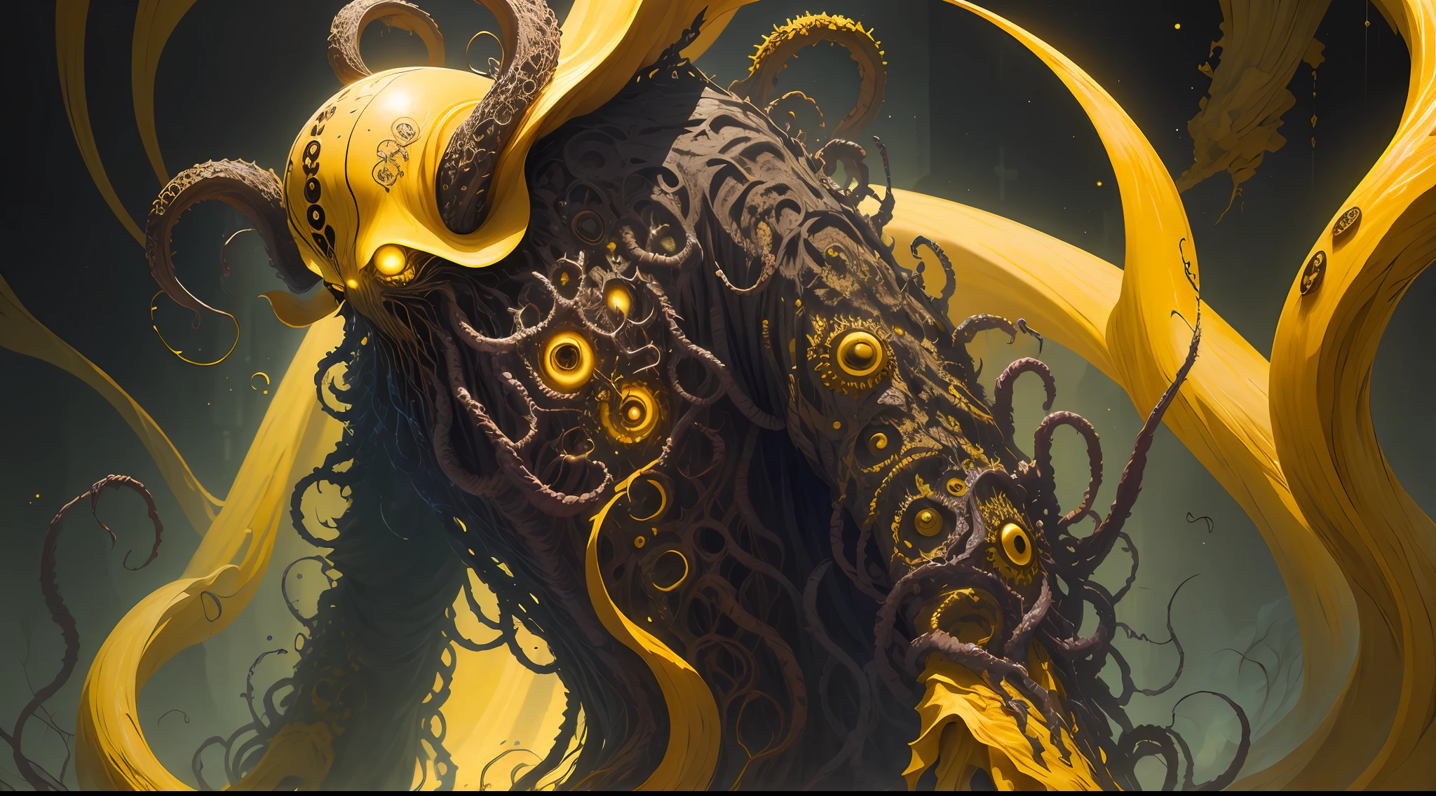 cosmic horror, a monstrous creature with tentacles, yellow and black