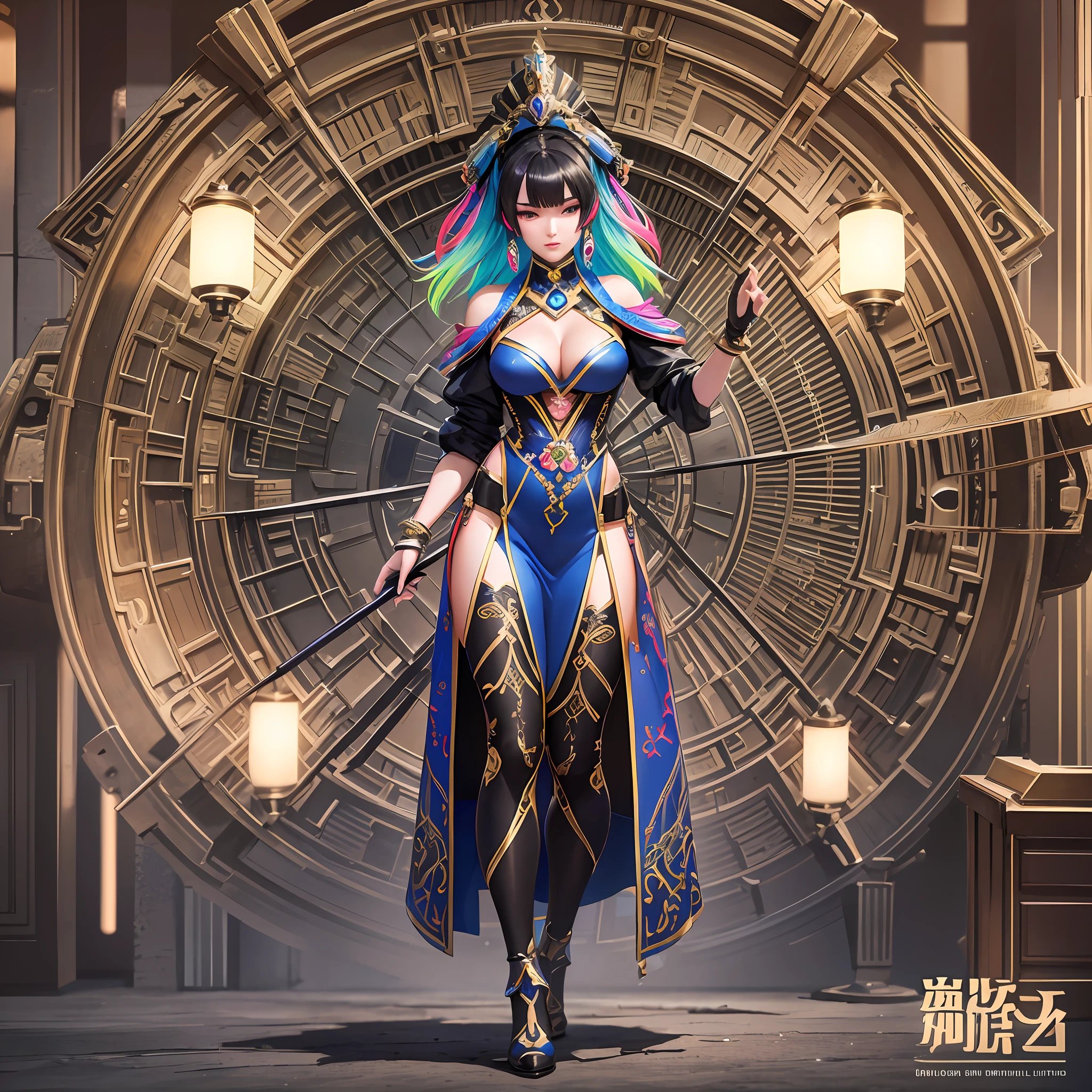 Neon Mongolian Elements Lots of details Neon modeling, beauty, woman very bright, royal sister, cold and colorful, plaque, locomotive, complex 3d rendering highly detailed beautiful ceramic silhouette female robot face, amazing, fine details, masterpiece, full body, beautiful, very detailed, --auto --s2
