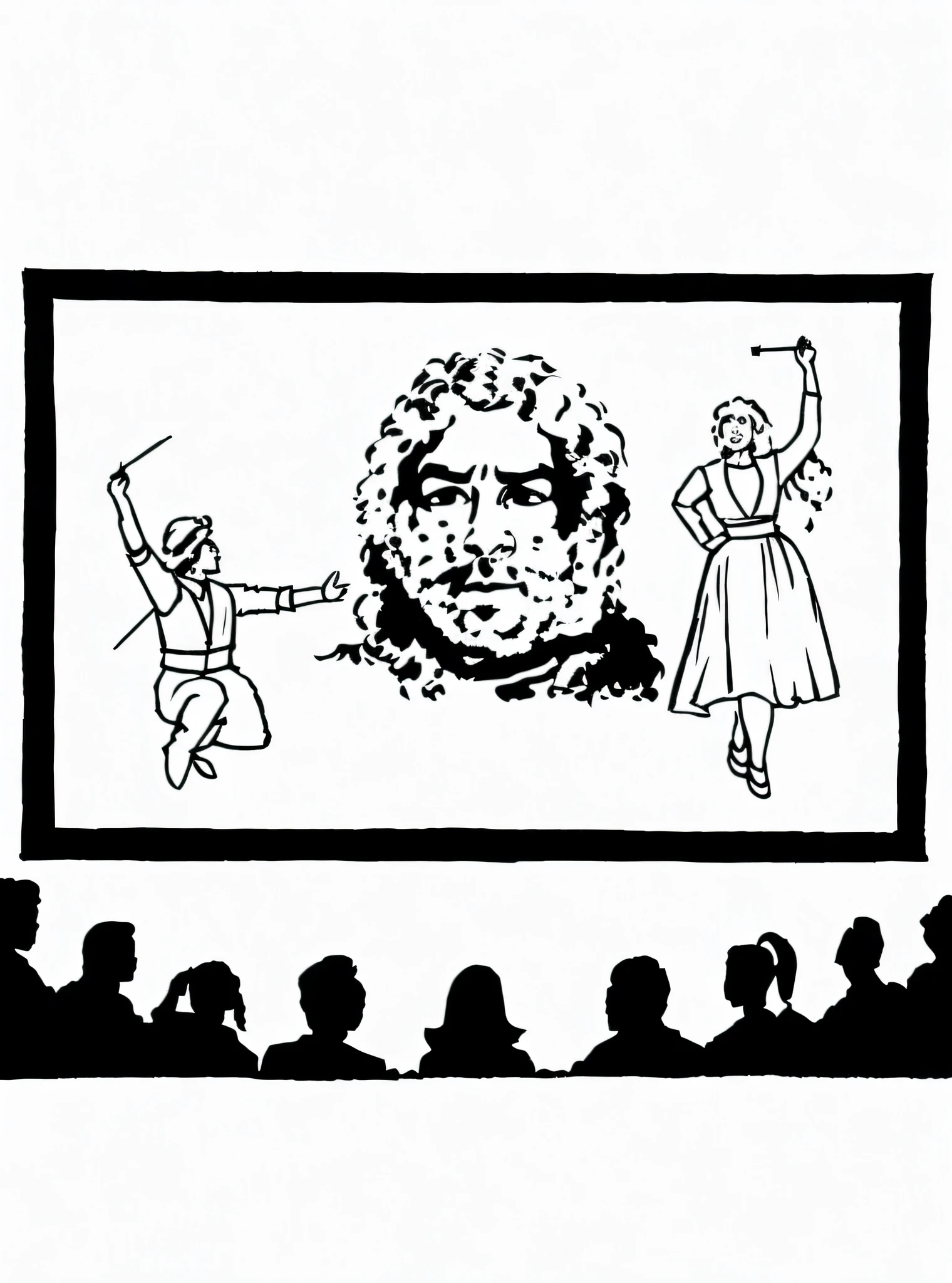 drawing of a man and woman in front of a screen with a drawing of a man and woman, movie illustration, by Jitish Kallat, by Odhise Paskali, inspired by Jan Karpíšek, by István Csók, an film still, movie screen shot, by Josef Šíma, film still from an cartoon