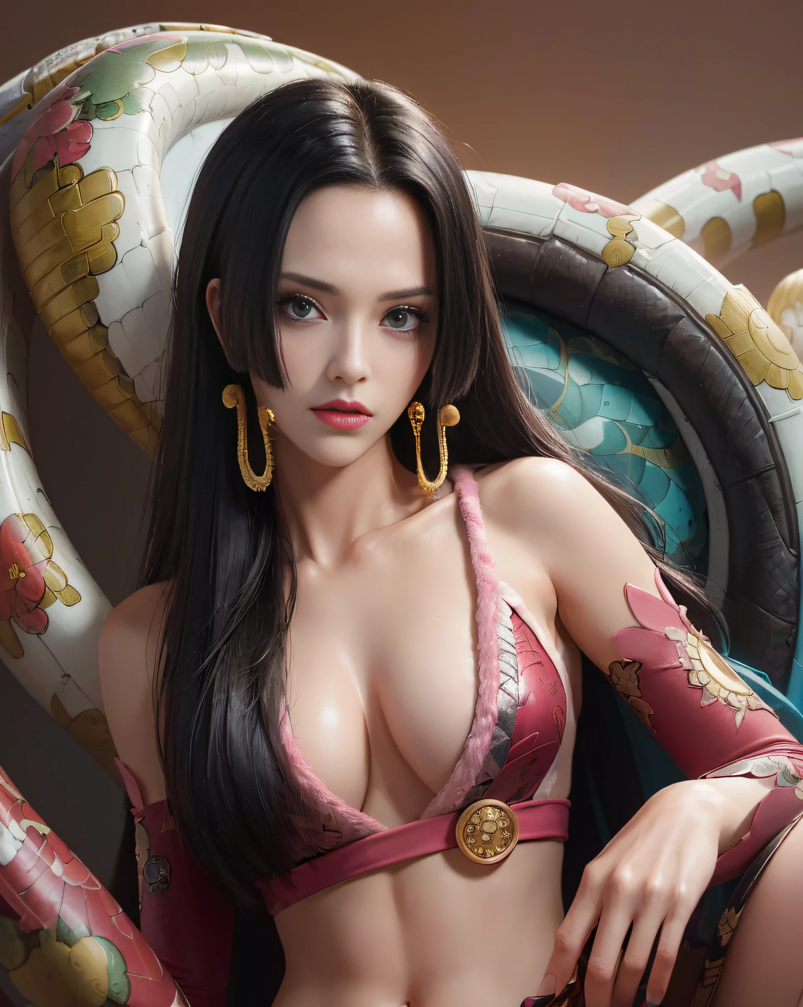 (((masterpiece+best quality+high resolution+ultra-detailed))), Boa Hancock, snake_skull, long silky black hair, high nose, sharp eyes, noble and inviolable temperament, (([female]: 1.2 + [beauty]: 1.2 + black long hair: 1.2)), snake_skull background, bright eyes, dynamic angle and posture