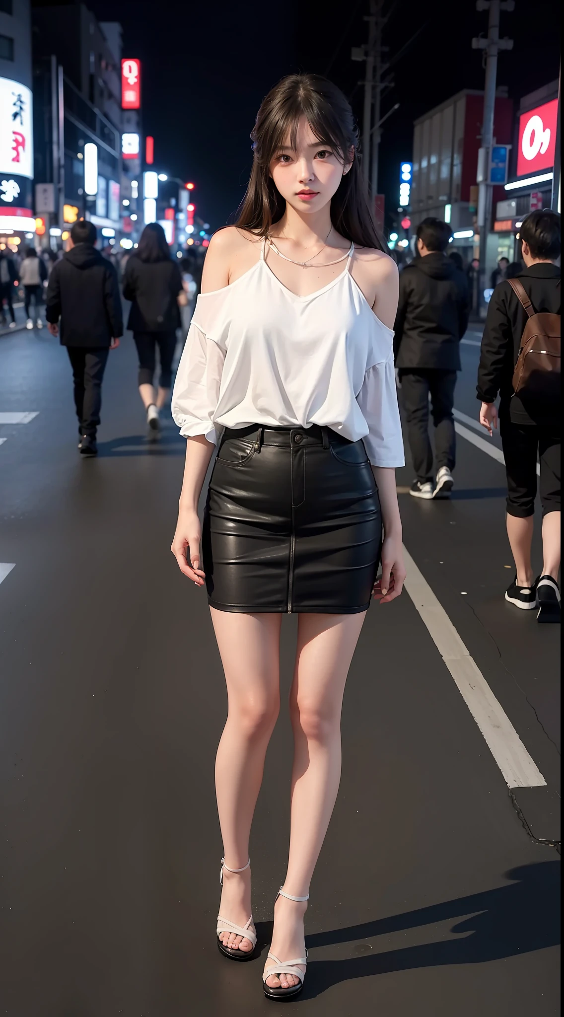 1girl, tokyo street, night, cityscape, city lights, full body photo, ultra vista, 8k, raw photos, best quality, masterpiece, realistic, photo realistic,