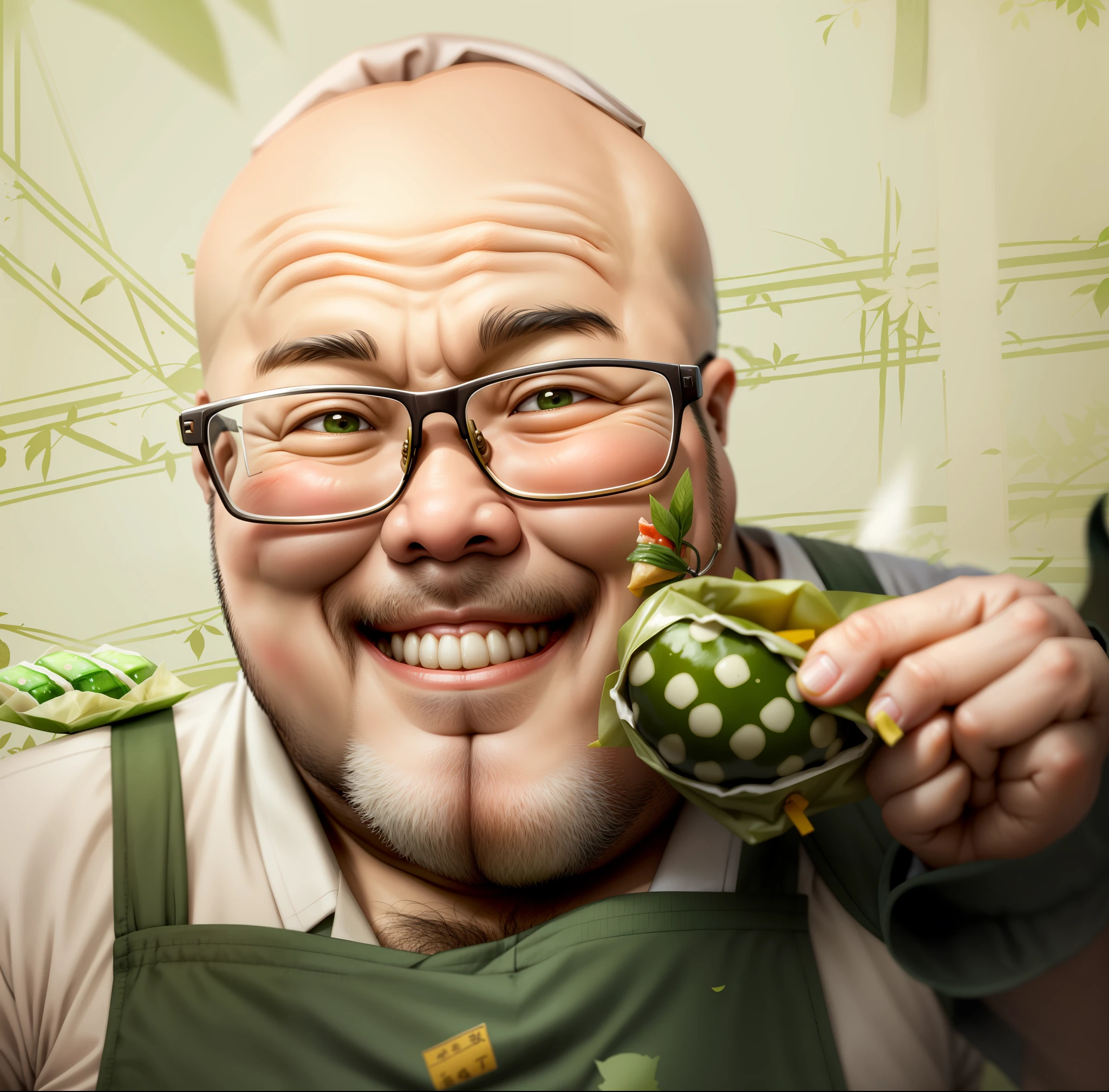 There is a chubby man holding a zongzi, green zongzi, fat man, with glasses, baring teeth and smiling