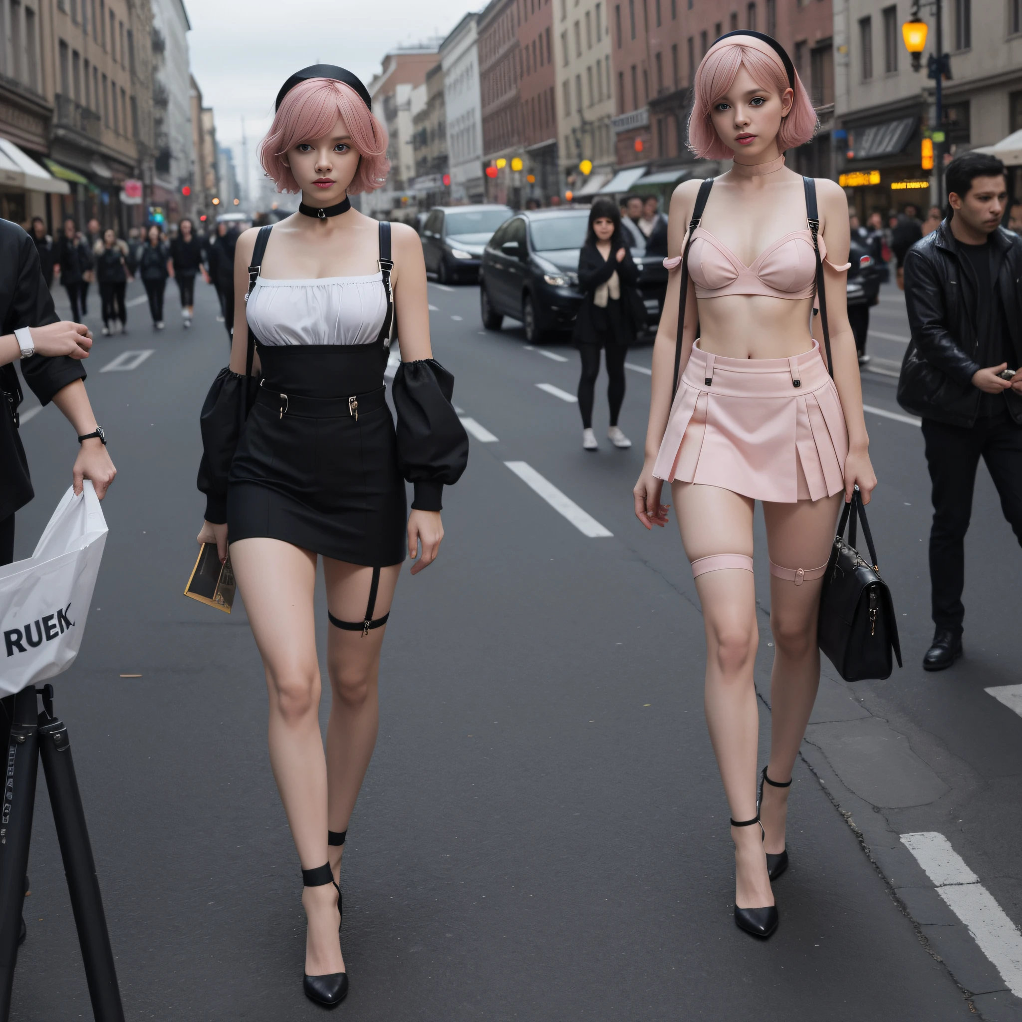 Off-the-shoulder, short skirt, calves, navel, flat chest, very detailed (masterpiece: 1.3), (8k, realistic, RAW photo, best quality: 1.4), girl, short pink hair: 1.8), ((((no clothes)))), walking in a natural dynamic pose, full body, full body girl photo, photogenic details, (((suspenders))), cosplay, apocalyptic city, 4k, dynamic focus, super detailed, short skirt, panties walking: 1.5, black pantyhose: 1.5, black high heels: 1.5, nun headdress