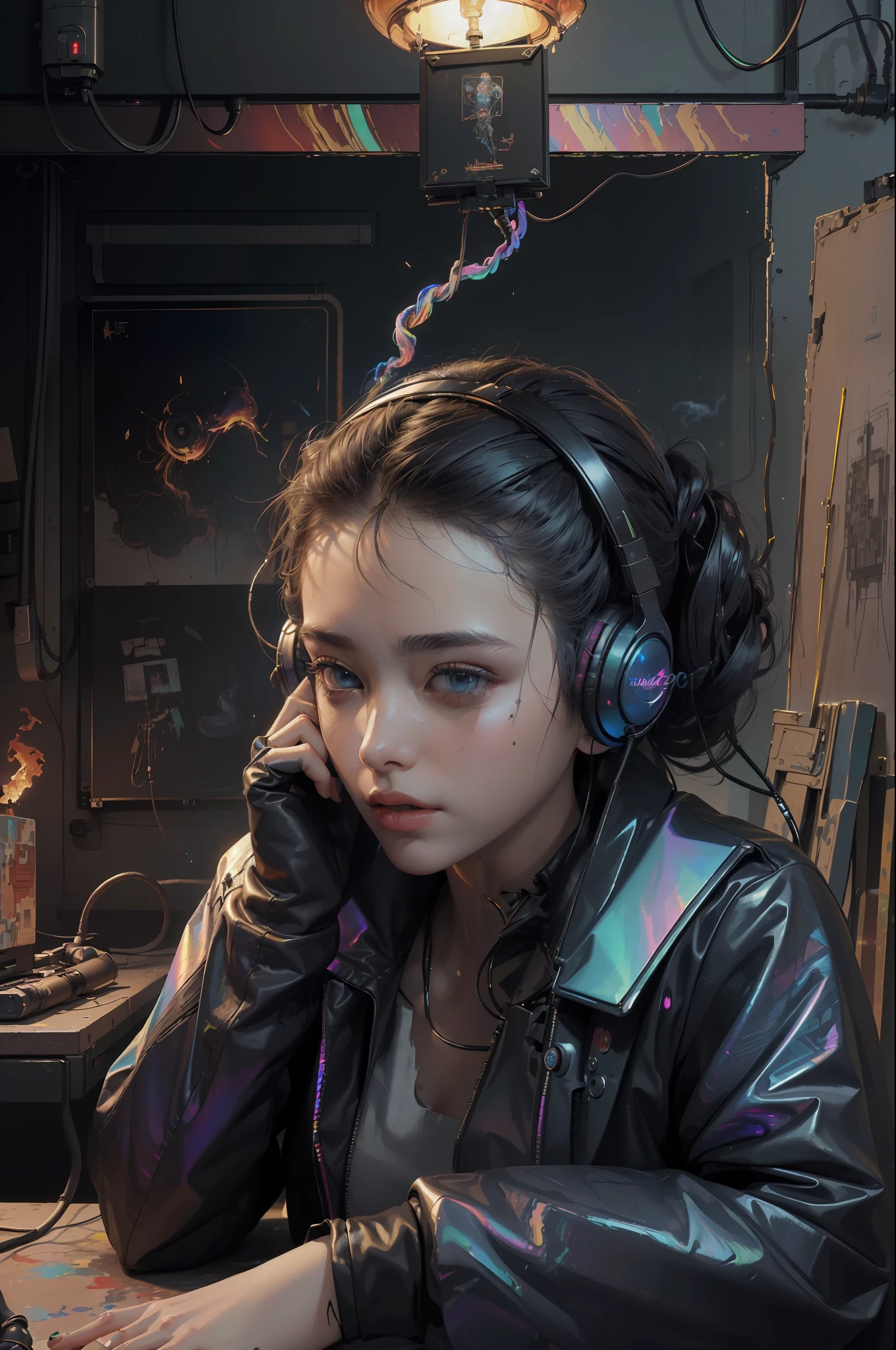 (masterpiece, best quality, highres, absurdres, detailed:1.2), humanoid, robot, wearing headphones, looking away, (cyberpunk, art canvas, paint brush, easel, iridescent, holographic: 1.6), (cables, wires, flames, fire, smoke, overheat, explosion, indoors, room, simple background)