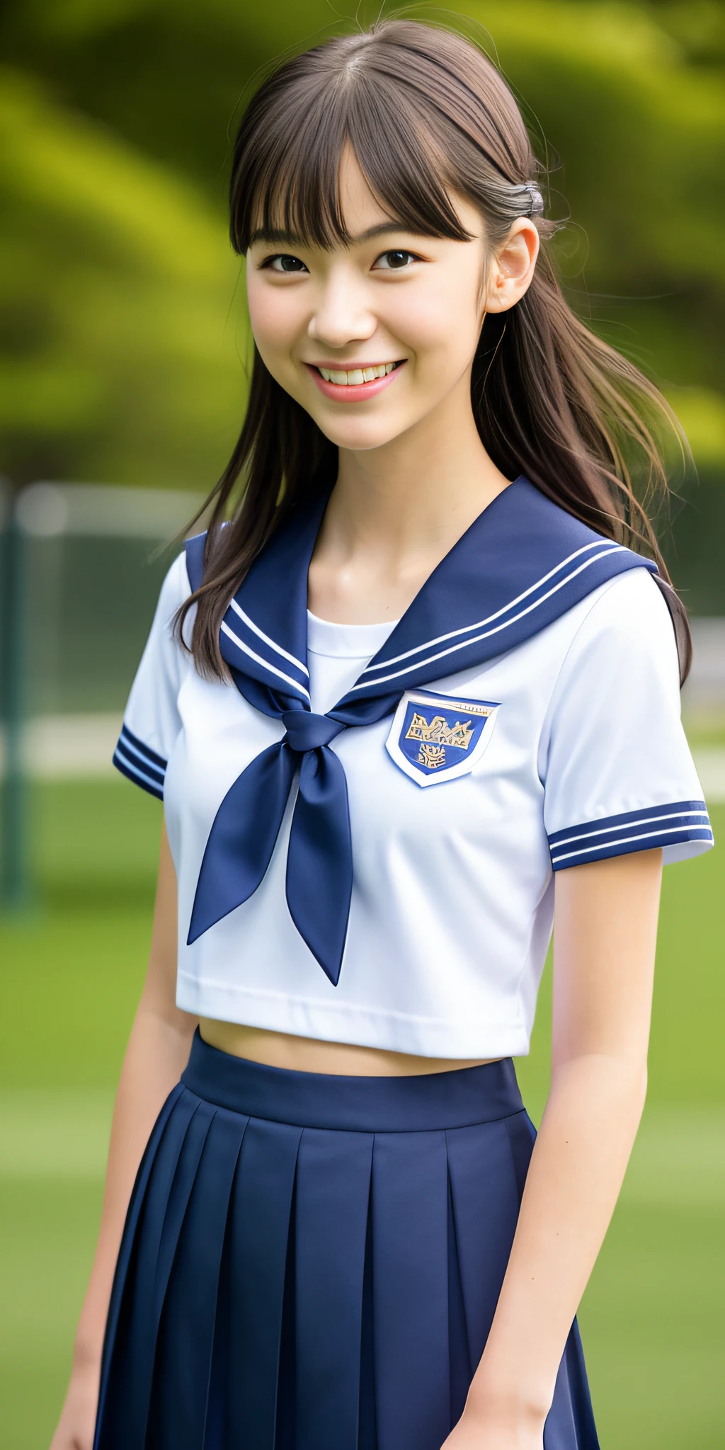 neat college girl, (school uniform, sailor uniform, ribbon tied at chest, summer clothes, upper body white, skirt dark blue, short sleeves), outside the athletic field, (slim), photorealistic, detail, skin texture, ultra detail, delicate and sexy collarbone, smile, super detailed face, detailed lips, detailed eyes, double eyelids, small breasts, small breasts, small, flat breasts, breast emphasis
