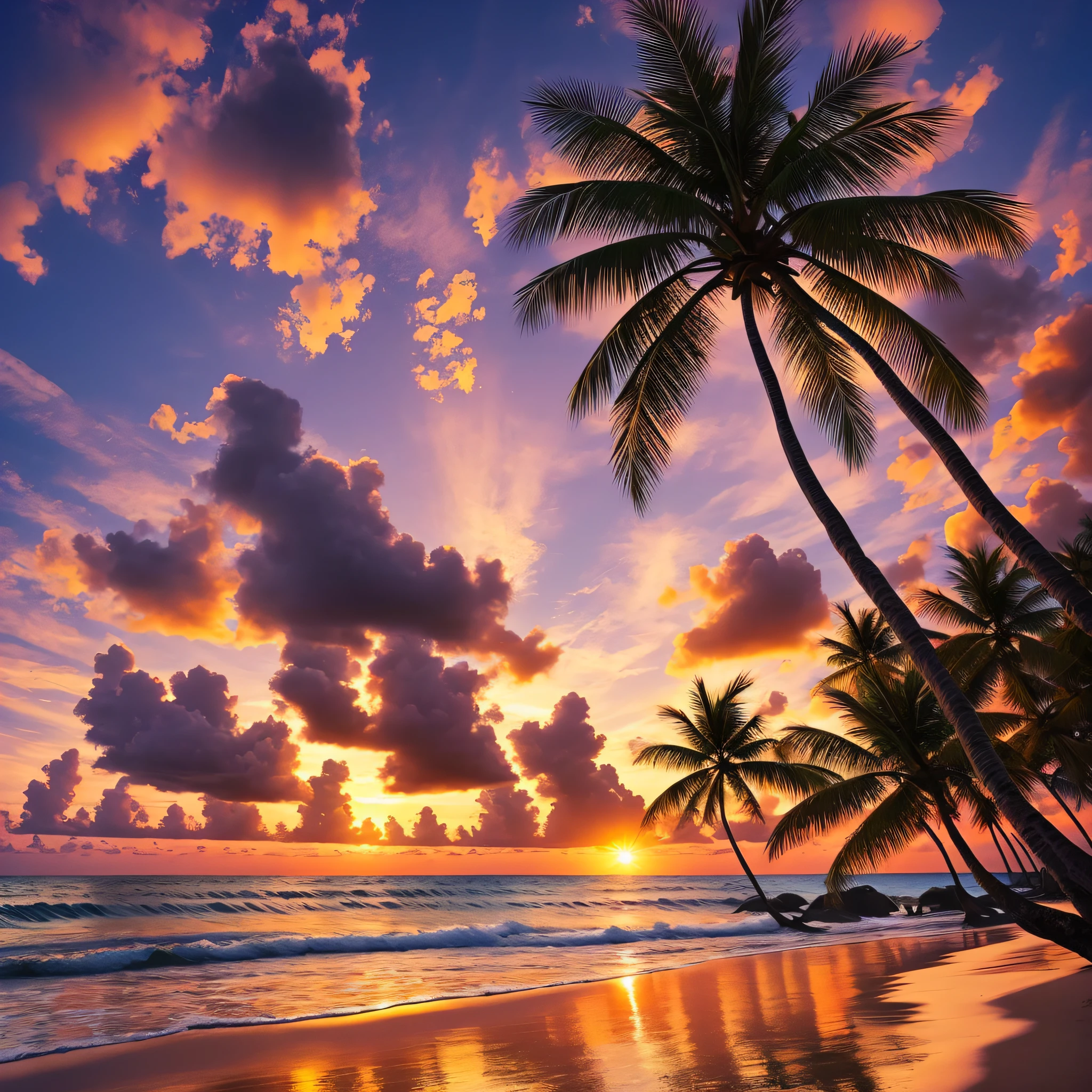 realistic, beach, coconut trees, sunset, flying_birds