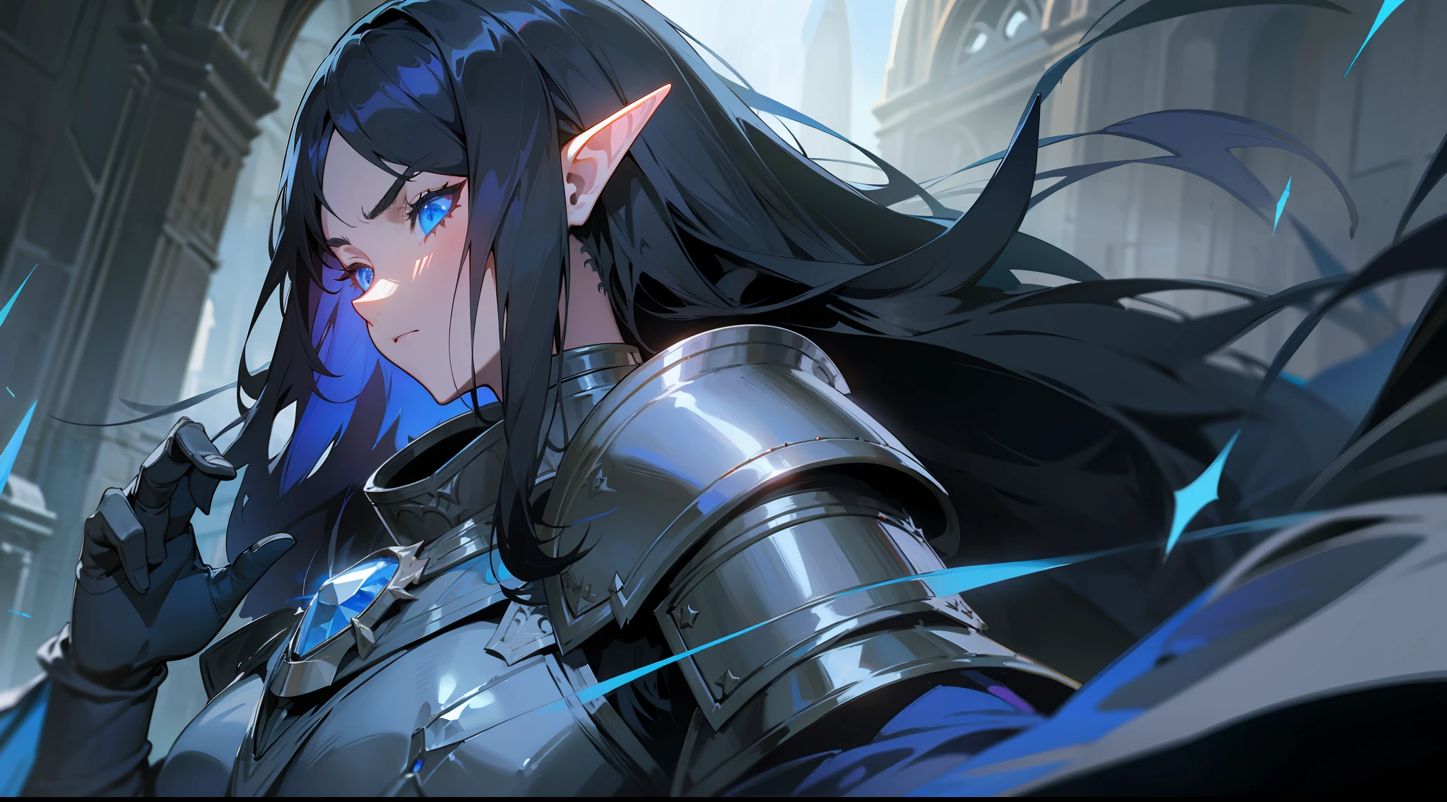 elf, long black hair, blue eyes, paladin, black heavy armor, dark blue cape, large shoulder pads, heroic pose, serious expression, fantasy, medieval, night, dark dungeon, lens reflection, glow