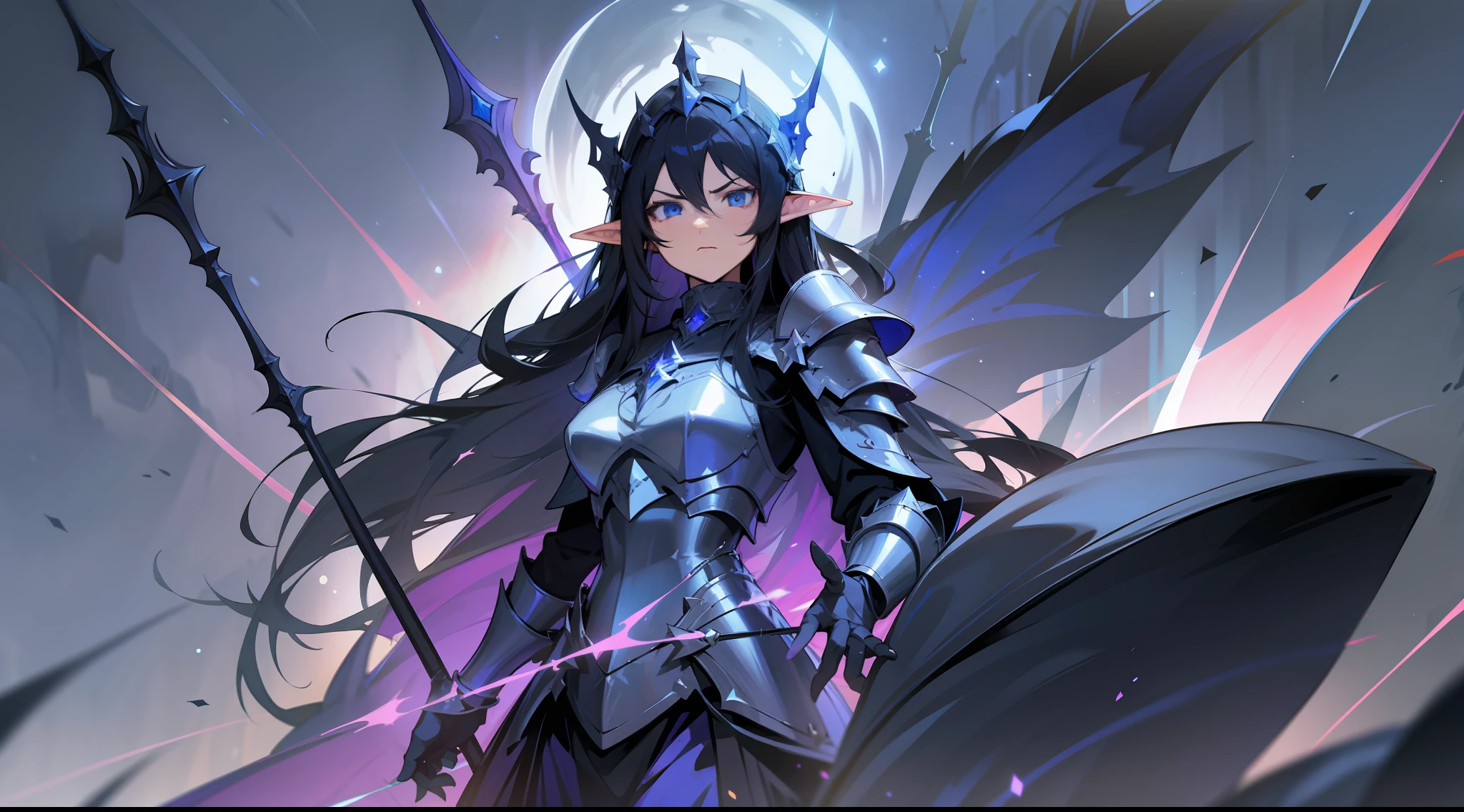 elf, long black hair, blue eyes, dark paladin, heavy armor, spear, serious expression, fantasy, medieval, night, starry sky, mounted on a white dragon