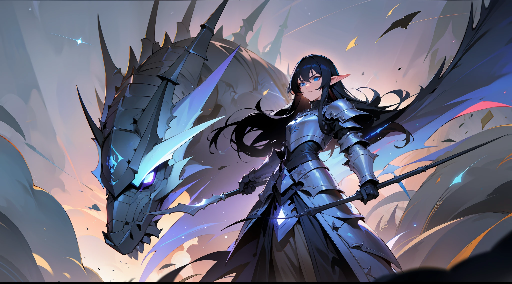 elf, long black hair, blue eyes, dark paladin, heavy armor, spear, serious expression, fantasy, medieval, night, starry sky, mounted on a white dragon