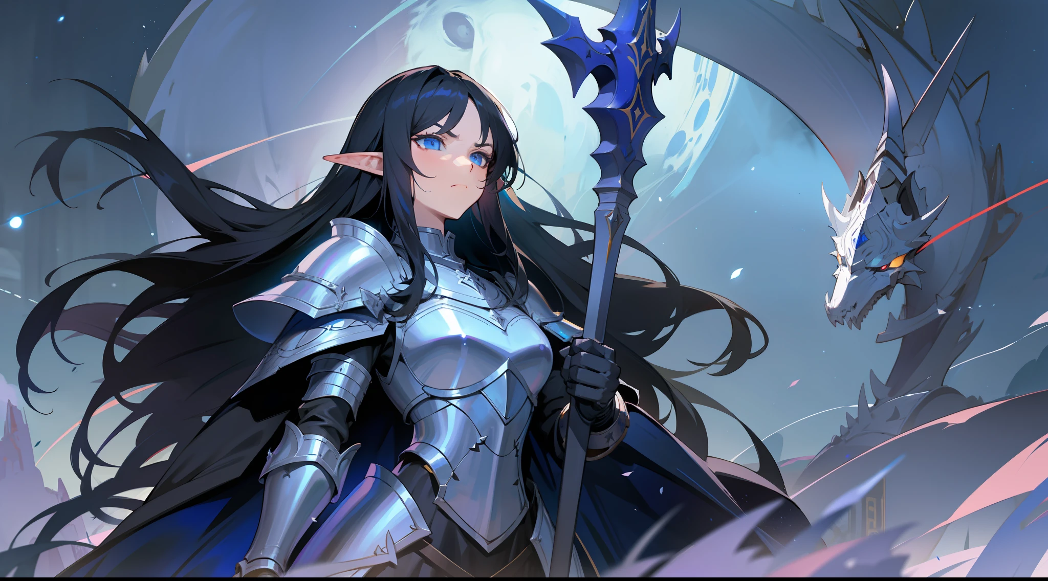 elf, long black hair, blue eyes, dark paladin, heavy armor, spear, serious expression, fantasy, medieval, night, starry sky, mounted on a white dragon
