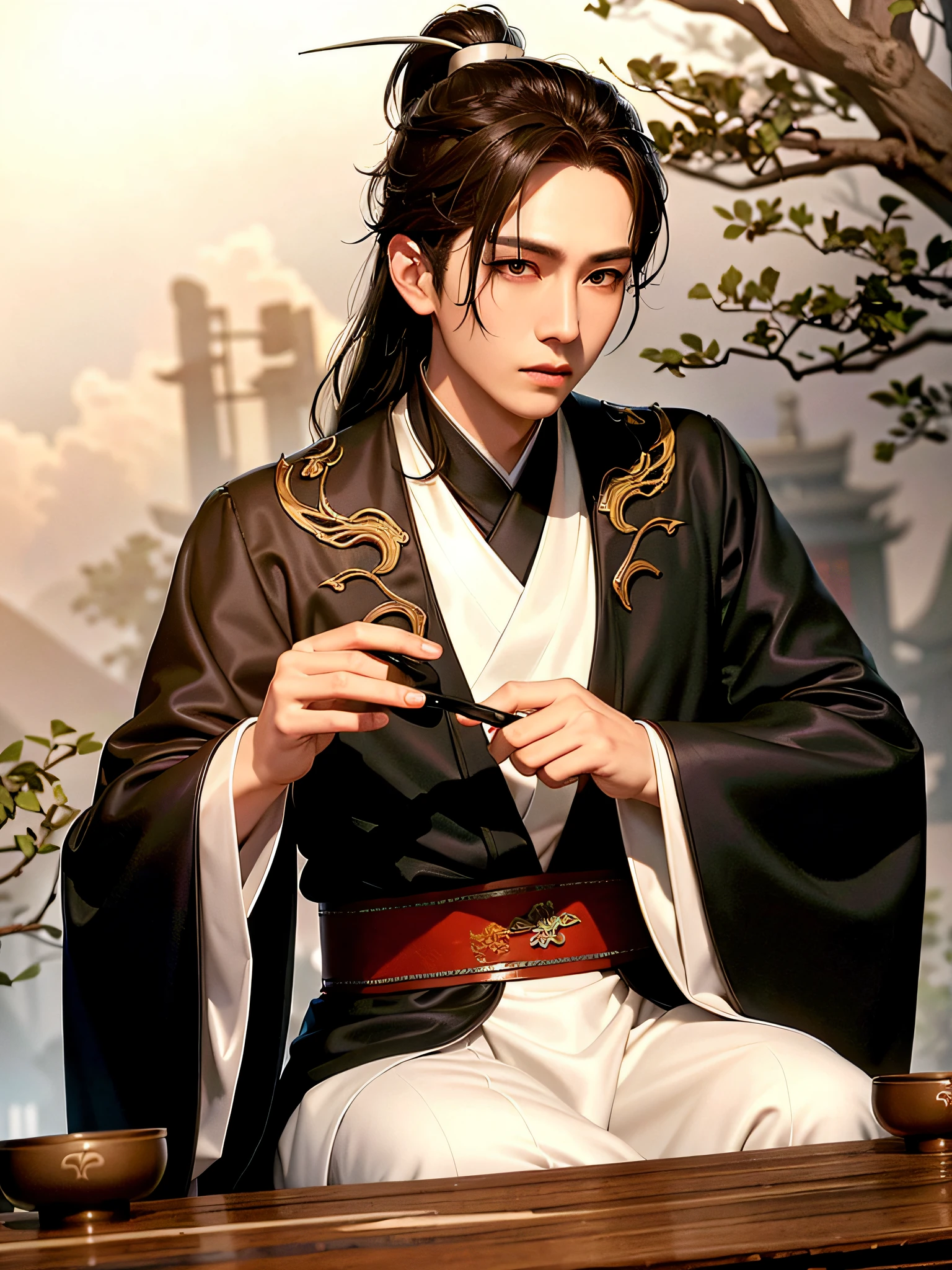 (Positive Focus), (In the Dark), (Best Quality), (Realisticity: 1), Realistic Skin Texture, Highly Detailed, 8k Wallpaper, Volume Lighting, Dynamic Lighting, A Boy, White Hanfu, Black Ponytail Long Hair, Black Hair, Delicate Eye Portrait, Handsome, Fairy Fluttering, Black Taoist Robe, Antique Style, Mist, Clouds Wrapped Around the Mission, Wide Robe with Big Sleeves, Dramatic Composition, Lying Down, Thousand-year-old Tree, Thick Trunk, Chinese Ancient Architecture Background, Cloud and Mist Entanglement, Xian Xia Background, Cloudy Lingering, Taoist Nature, Chinese Taoist, Movie Light