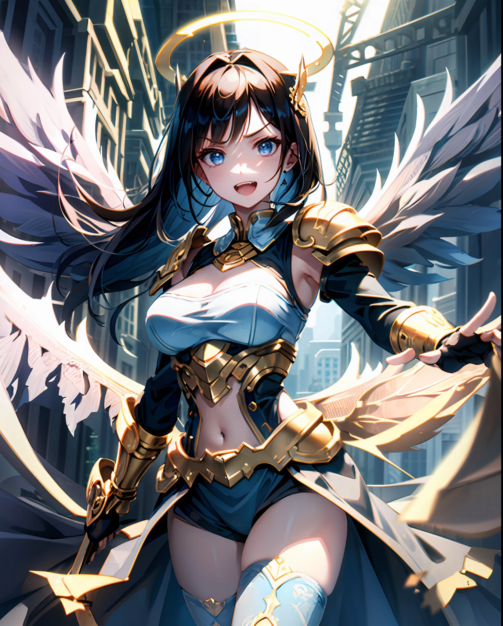 fantasy, 1angel_girl,child, loli,brown_hair, medium_bob_hair, long_bangs, halo,bare_shoulder,thighhighs,silver_armor, waist_armor, large_breasts,angry,grinning,open_mouth_teeth, 1pair_wings, dynamic_pose_fighting,floating, bare_crotch, headgear,gauntlet, greaves,city_sky_background,slightly_spread_legs, solo