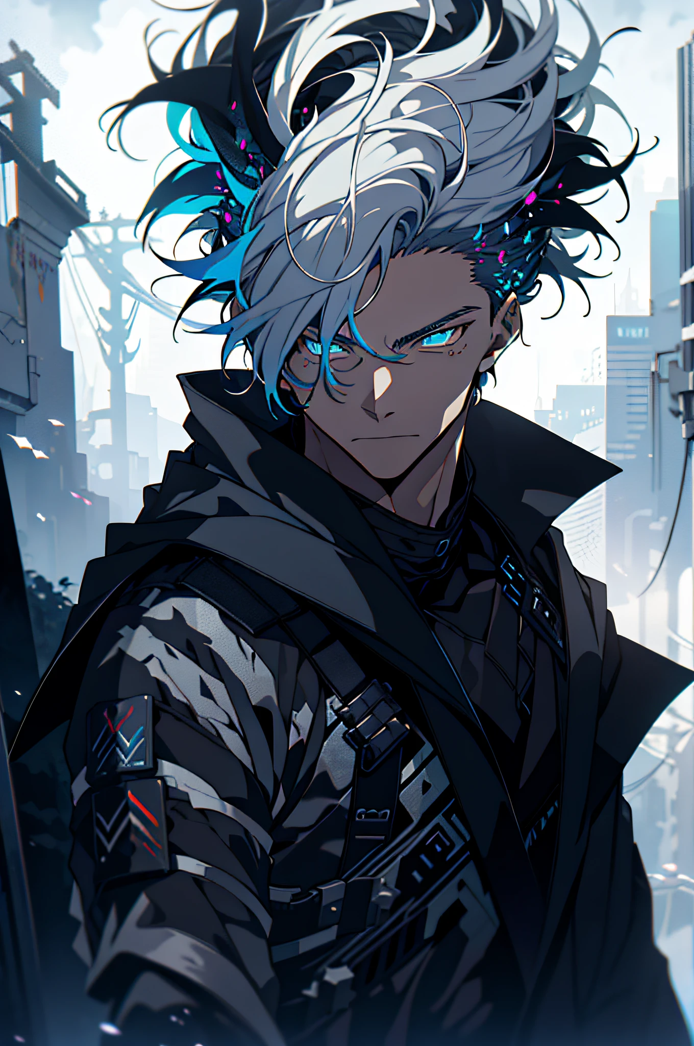 Cyberpunk male, fantasy world, dark background, clean design, epic instagram, artstation, colorful paint splatter, silhouette, hyper detailed intricate details, unreal engine, fantasy, intricate details, splash screen, complementary colors, Fantasy concept art, 8k resolution, deviantart masterpiece, oil painting, heavy strokes, paint dripping, (isolated on white background: 1.3), rainbow skin, (((handsome young man))), ((teenage:1.5) ), (glowing blue eyes), ((light eyes)), ((((short white hair: 1.1))), ((black clothes)), (prince\\(indifferent expression\\),, ( ((Wears high detail luxurious black robe))), white hair, frost magic, ((chest) --v 6