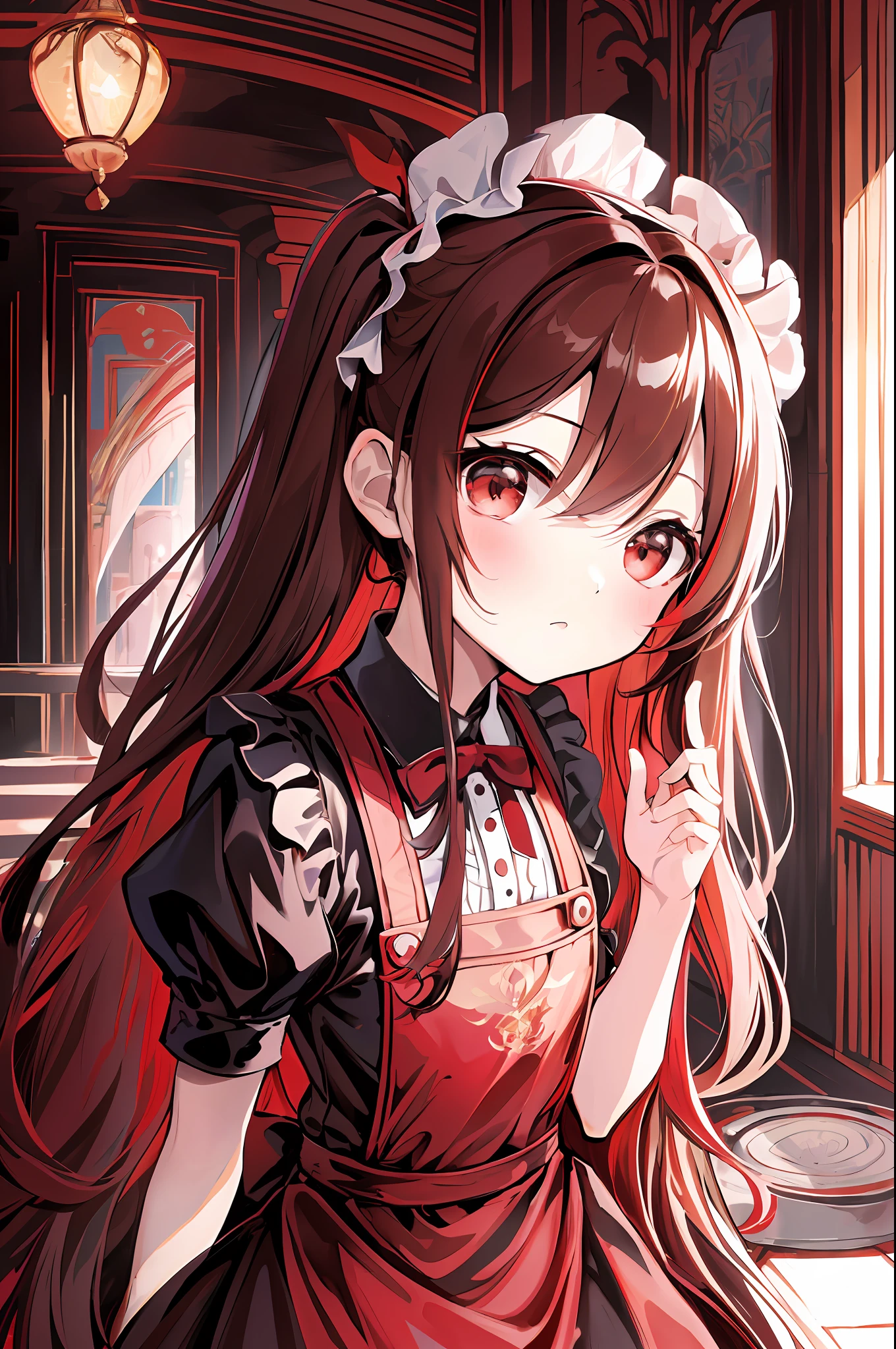 "(Chibi Chibi:1.3), one person depicted alone, dressed in a meticulous red and black maid outfit, with a delicate face and beautifully painted eyes, beautiful long pale brown hair, in the highest quality of the masterpiece, in highly detailed 8K wallpapers."