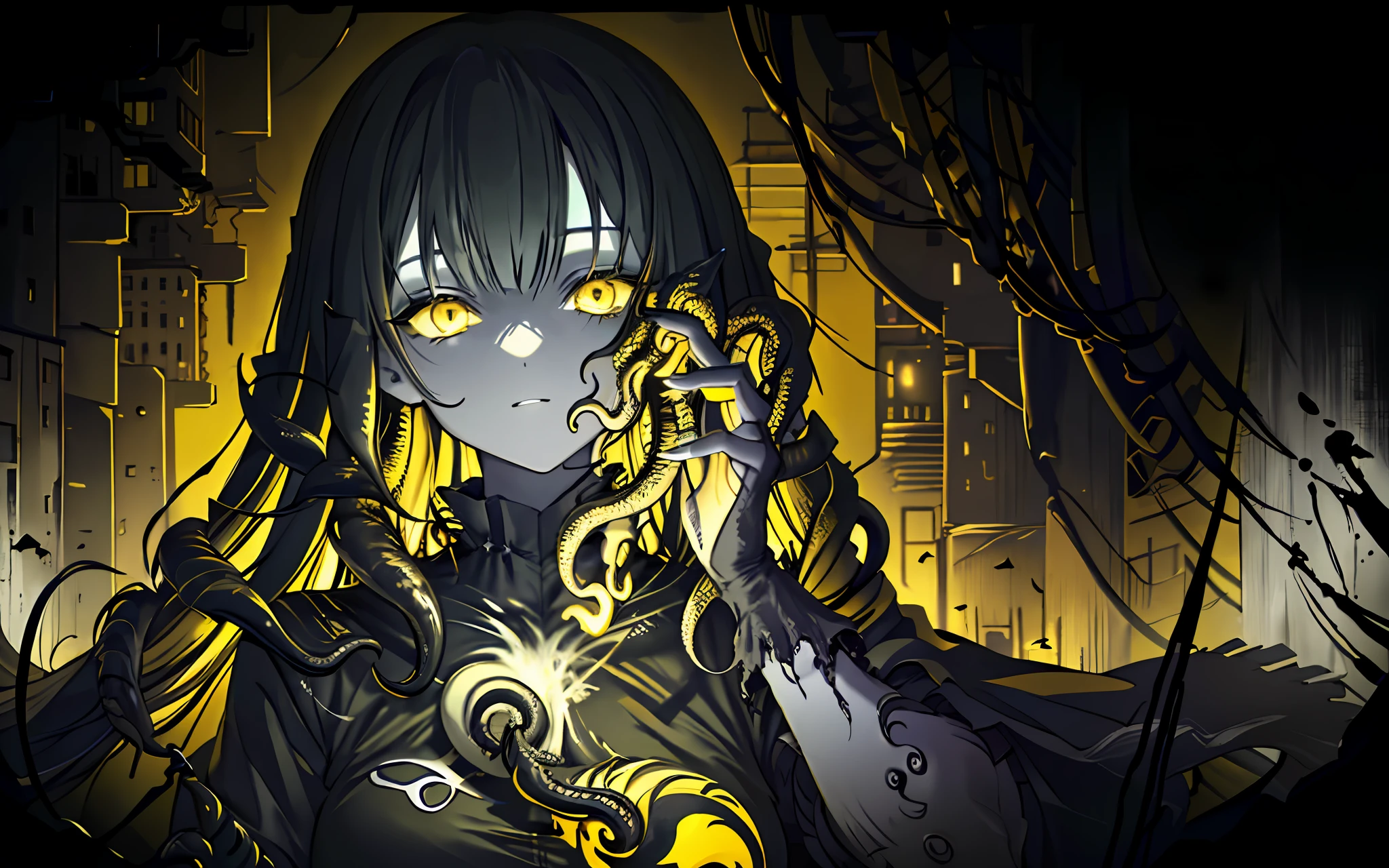 (best quality, masterpiece), (a woman horror creature with tentacles), (Monochrome, less light, black yellow background, yellow destroyed city behind)