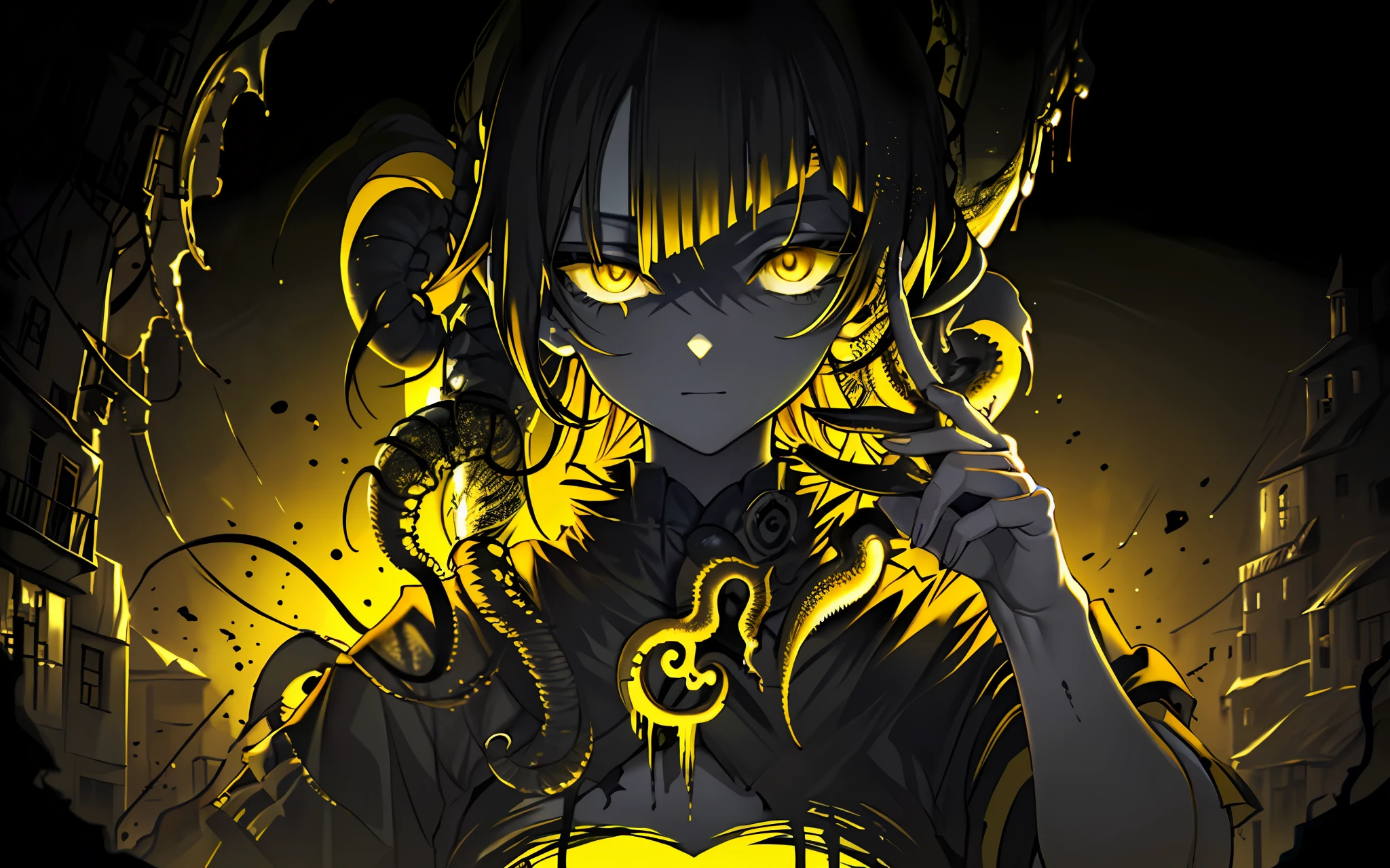 (best quality, masterpiece), (a woman horror creature with tentacles), (Monochrome, less light, black yellow background, yellow destroyed city behind)