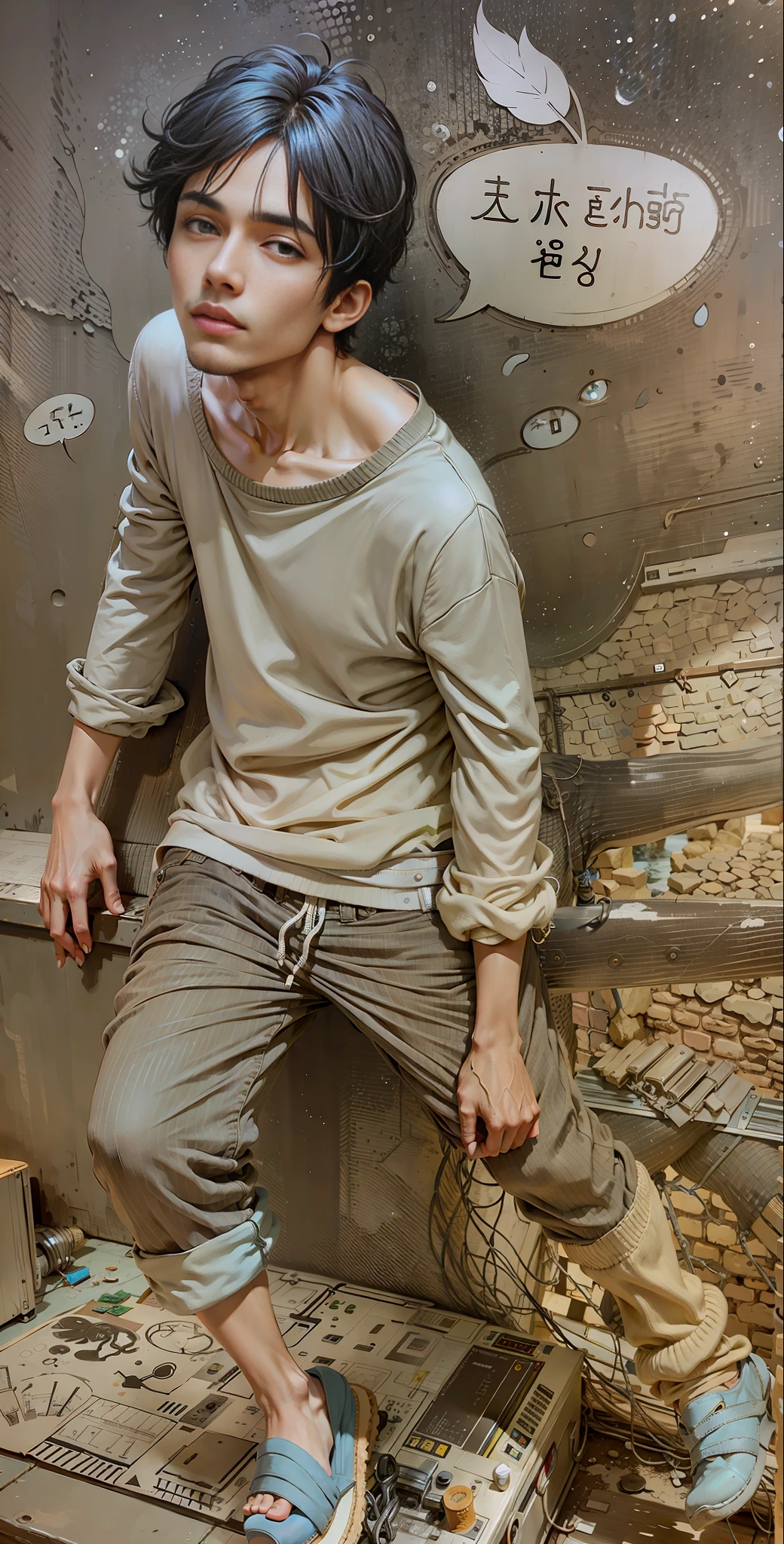 A man, cool, black hair, blue sweatshirt, brown pants, blue slippers, 8K, realism, weird ladder, correct anatomy, perfect limbs, perfect fingers, background blur, soft light