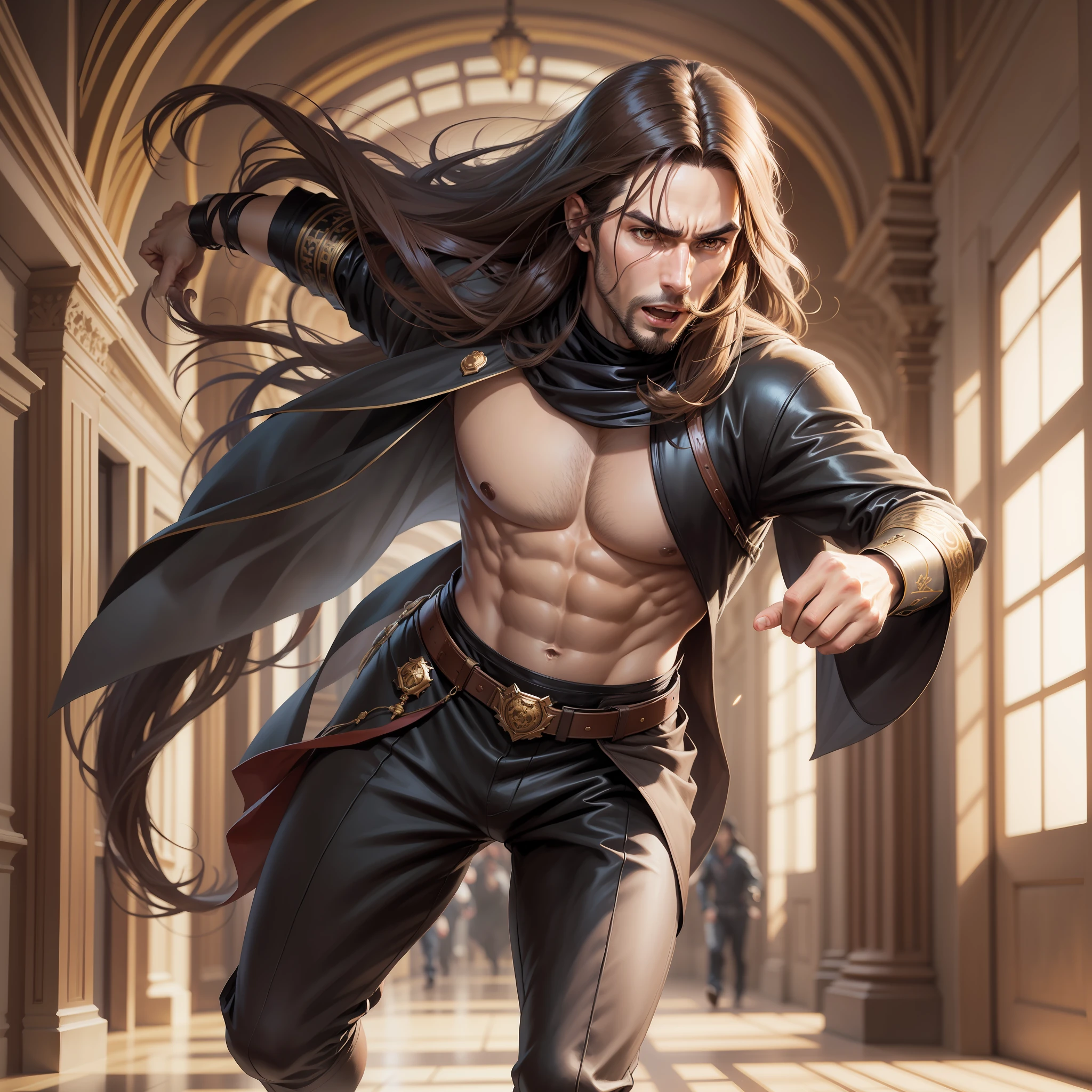 Realistic image of a handsome man, long brown hair, brown eyes, dressed in black costumes, anime character style art,An expression of urgency on his face, Running through the halls of a royal palace