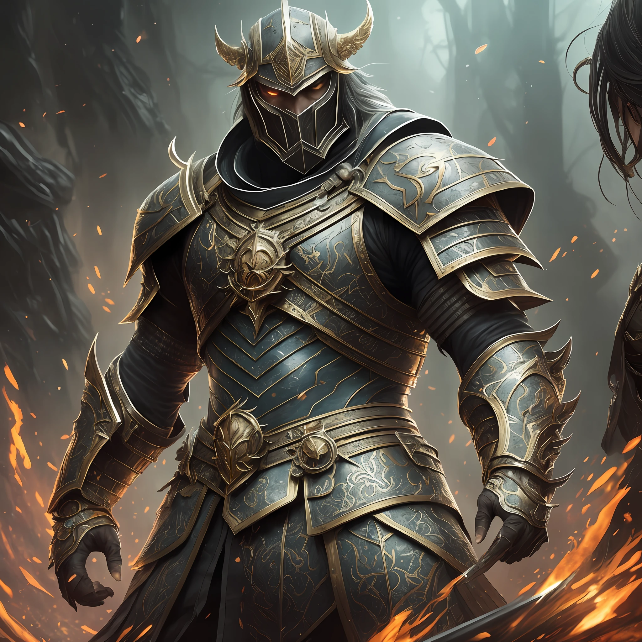 (Painting:1.3) of (Detailed illustration:1.3) A (full body:1.3) shot at 8k resolution, splash art, fantastic comic book style, photorealistic, intense look, anatomical photorealistic digital painting portrait of a (old male:1.3) human (warrior:1.3) in black and gold intricate (heavy armor:1.3) in a (dark and moody universe:1.3), light particle, very detailed skin,samurai, very detailed eyes, (elden ring style:1.3), (warhammer style:1.1), concept artist, global illumination, depth of field, splash art, art by artgerm and greg rutkowski and viktoria gavrilenko --auto --s2