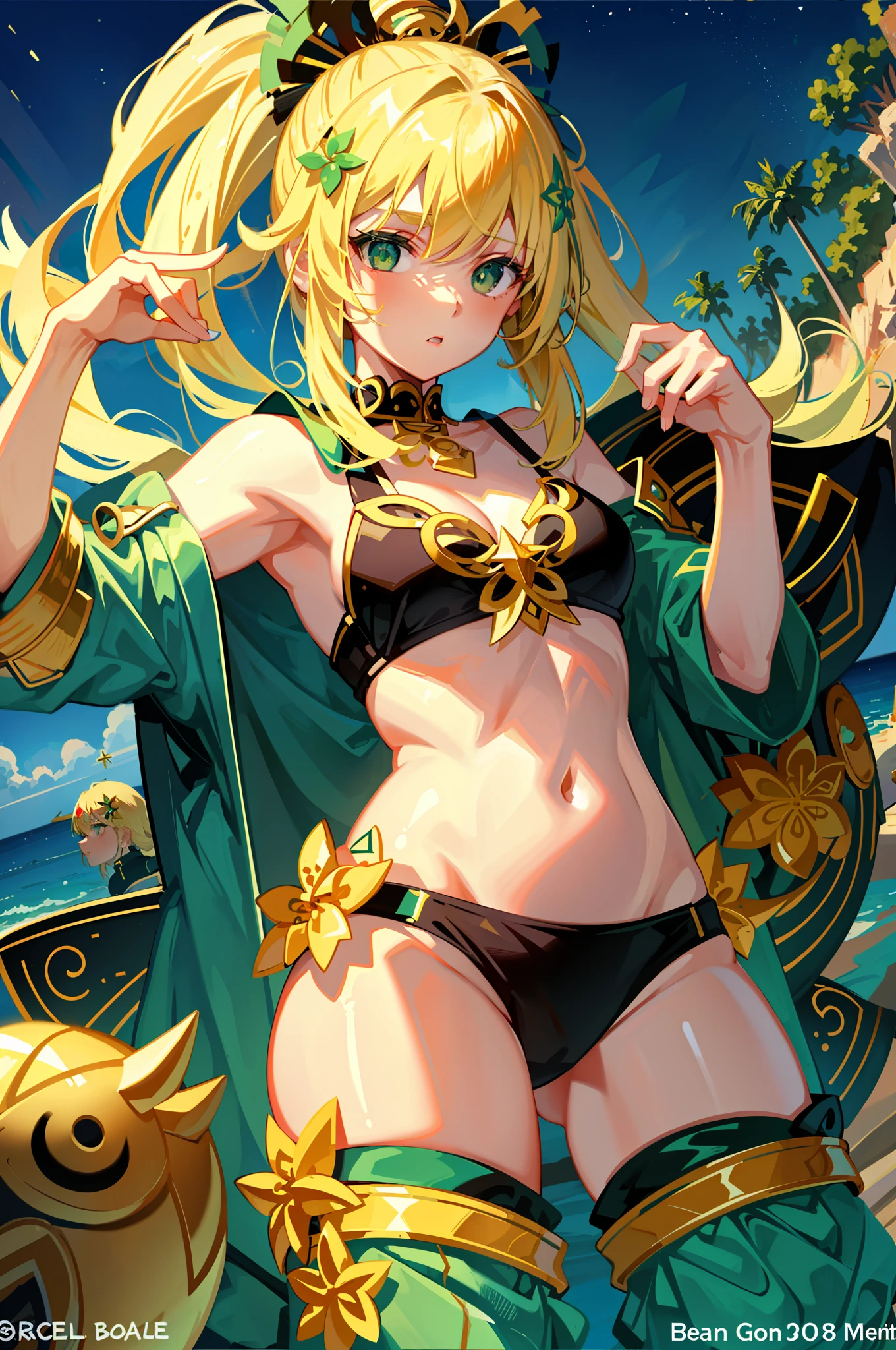 1girl, beautiful, green eyes, blonde hair 1girl, green eyes, drowning, hair ornament, bikini, beach, night