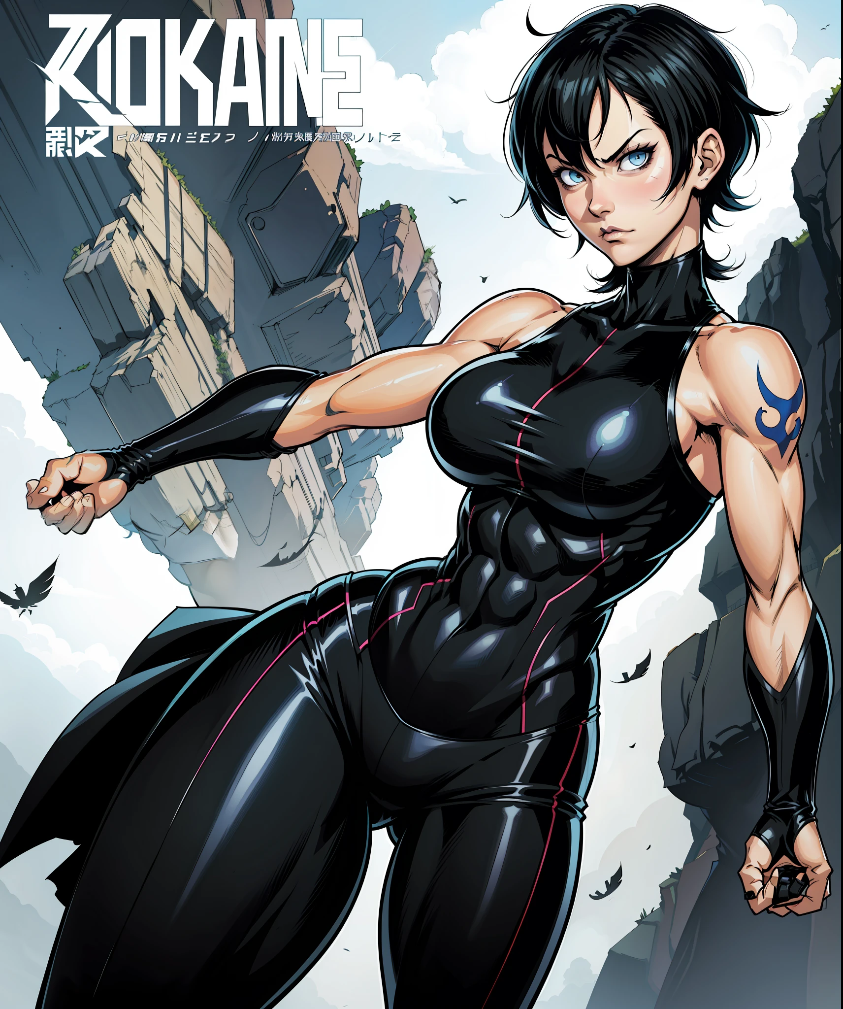 comic cover, action pose, 1girl, fair skin, Yusuke Murata style art, Yusuke Murata style,girl alone, short hair, black hair, blue eyes, anime girl with posing tattoos, digital anime art, sexy anime girl, female anime girl, anime art, muscular!, big oppai, Ilya Kuvshinov, badass anime 8k, anime art,  cuberpunk hair, sexy clothes, exercise clothes, very attractive, sensual,a goth, beautiful face, serious face, short black hair, perfect body, fit body, abdomen, large breasts, clothes with neckline, muscular, simple background,