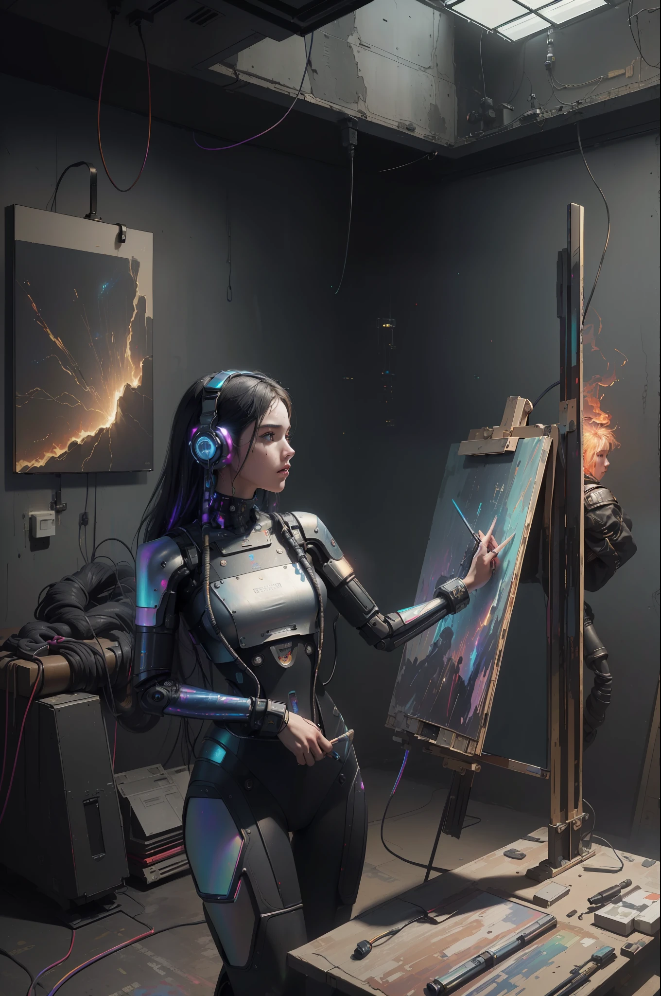 (masterpiece, best quality, highres, absurdres, detailed:1.2), humanoid, robot, wearing headphones, looking away, (cyberpunk, art canvas, paint brush, easel, iridescent, holographic: 1.6), (cables, wires, flames, fire, smoke, overheat, explosion, indoors, room, simple background)