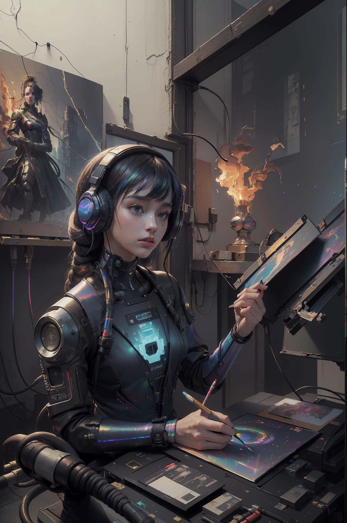 (masterpiece, best quality, highres, absurdres, detailed:1.2), humanoid, robot, wearing headphones, looking away, (cyberpunk, art canvas, paint brush, easel, iridescent, holographic: 1.6), (cables, wires, flames, fire, smoke, overheat, explosion, indoors, room, simple background)