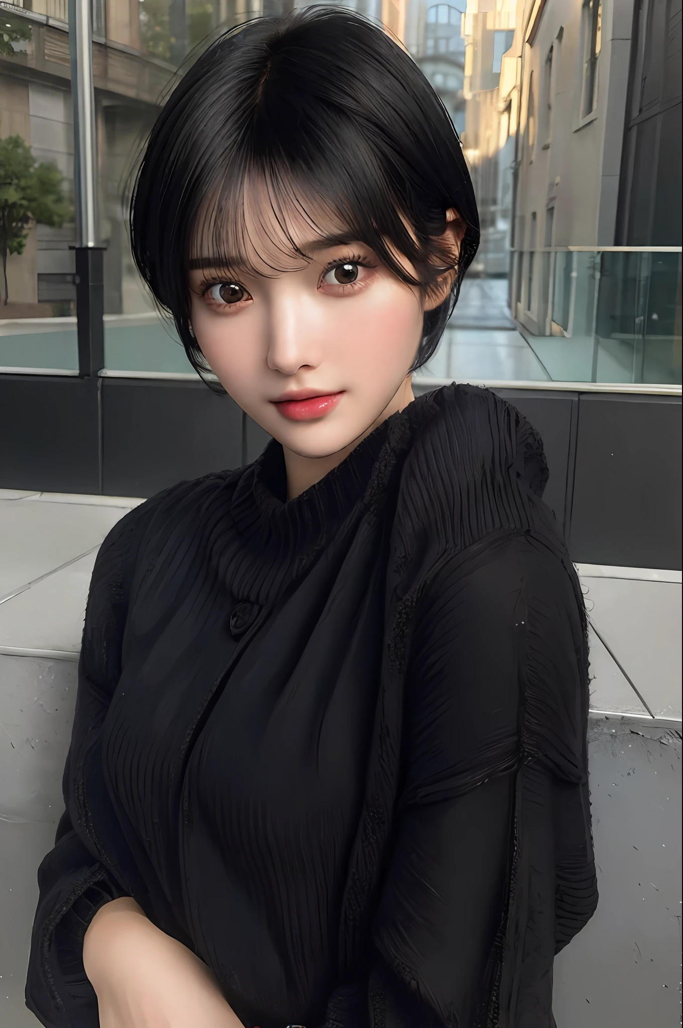 (masterpiece:1.3), (8k, photorealistic, RAW photo, best quality: 1.4), (1girl), beautiful face, (realistic face), (black hair, short hair:1.3), beautiful hairstyle, realistic eyes, beautiful detailed eyes, (realistic skin), beautiful skin, (sweater), absurdres, attractive, ultra high res, ultra realistic, highly detailed, golden ratio