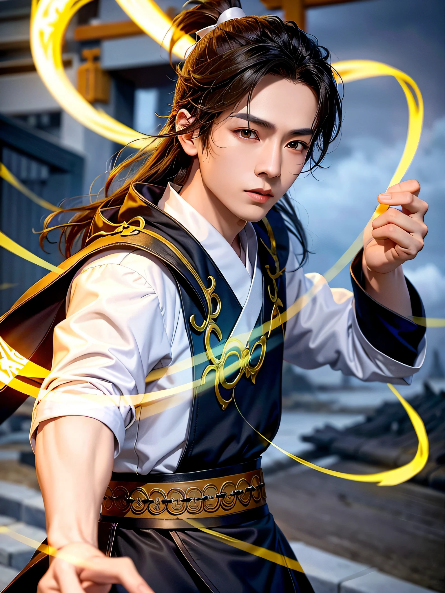 (Positive Focus), (In the Dark), (Best Quality), (Realisticity: 1), Realistic Skin Texture, Highly Detailed, 8k Wallpaper, A Boy, White Hanfu, Black Ponytail Long Hair, Black Hair, Delicate Eye Portrait, Handsome, Fairy Fluttering, Black Taoist Robe, Antique Style, Mist, Clouds Wrapped Around the Mission, Wide Robe with Big Sleeves, Dynamic Pose, Dramatic Composition, Flying Hair, Holding Spells, Rune Emitting Blue Light, Yellow Rune Flying, Red Text on Rune Paper, Ancient Chinese Architecture Background, Clouds and Mist Entanglement, fairy background, clouds and mist, Taoist nature, Chinese Taoist,