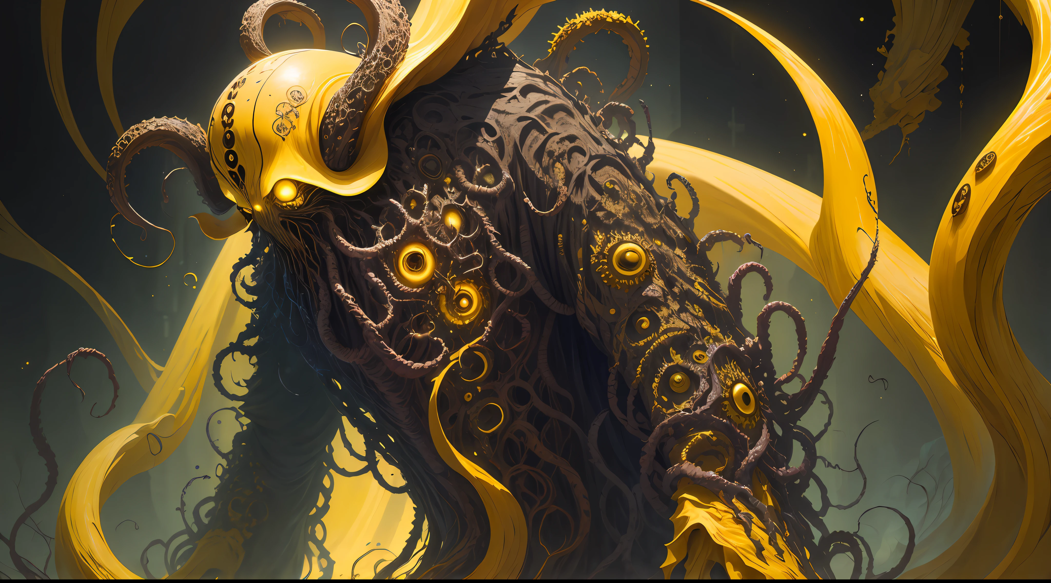 cosmic horror, a monstrous creature with tentacles, yellow and black