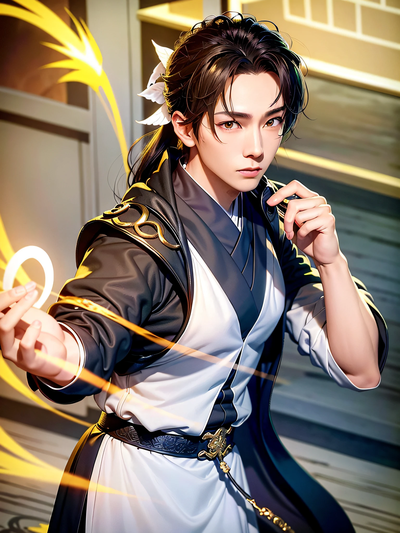 (Positive Focus), (In the Dark), (Best Quality), (Realisticity: 1), Realistic Skin Texture, Highly Detailed, 8k Wallpaper, A Boy, White Hanfu, Black Ponytail Long Hair, Black Hair, Delicate Eye Depiction, Handsome, Fairy Fluttering, Black Taoist Robe, Antique Style, Mist, Floating, Wide Robe with Big Sleeves, Dynamic Pose, Dramatic Composition, Flying Hair, Holding Charms, Rune Glowing Golden Light, Rune Flying, Yellow Rune Paper Flying, Rune Paper, Taoist Nature, Chinese Taoist, Background Tai Chi Bagua Diagram Ancient Chinese Architecture, Background Clouds,