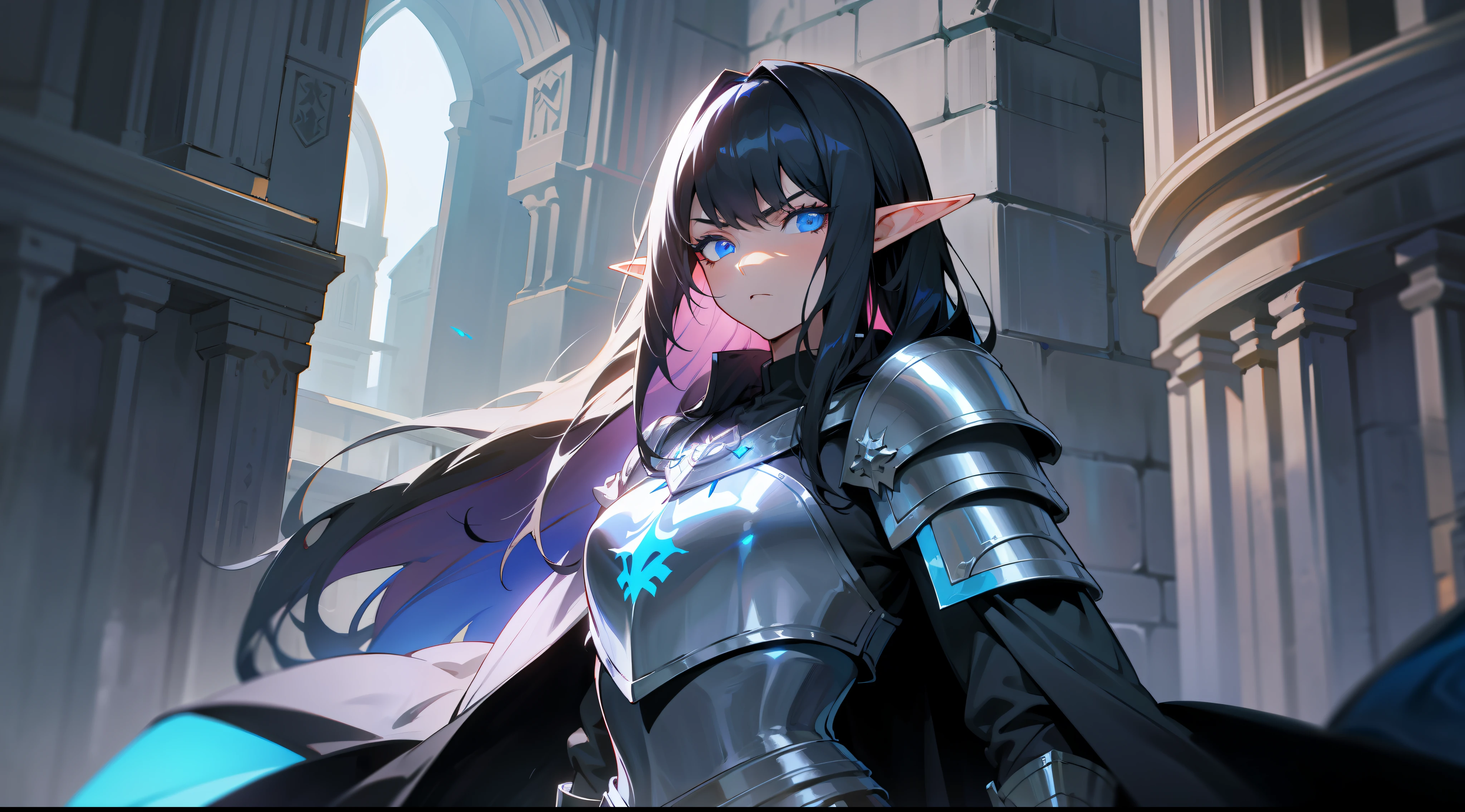 elf, long black hair, blue eyes, paladin, black heavy armor, dark blue cape, large shoulder pads, heroic pose, serious expression, fantasy, medieval, night, dark dungeon, lens reflection, glow