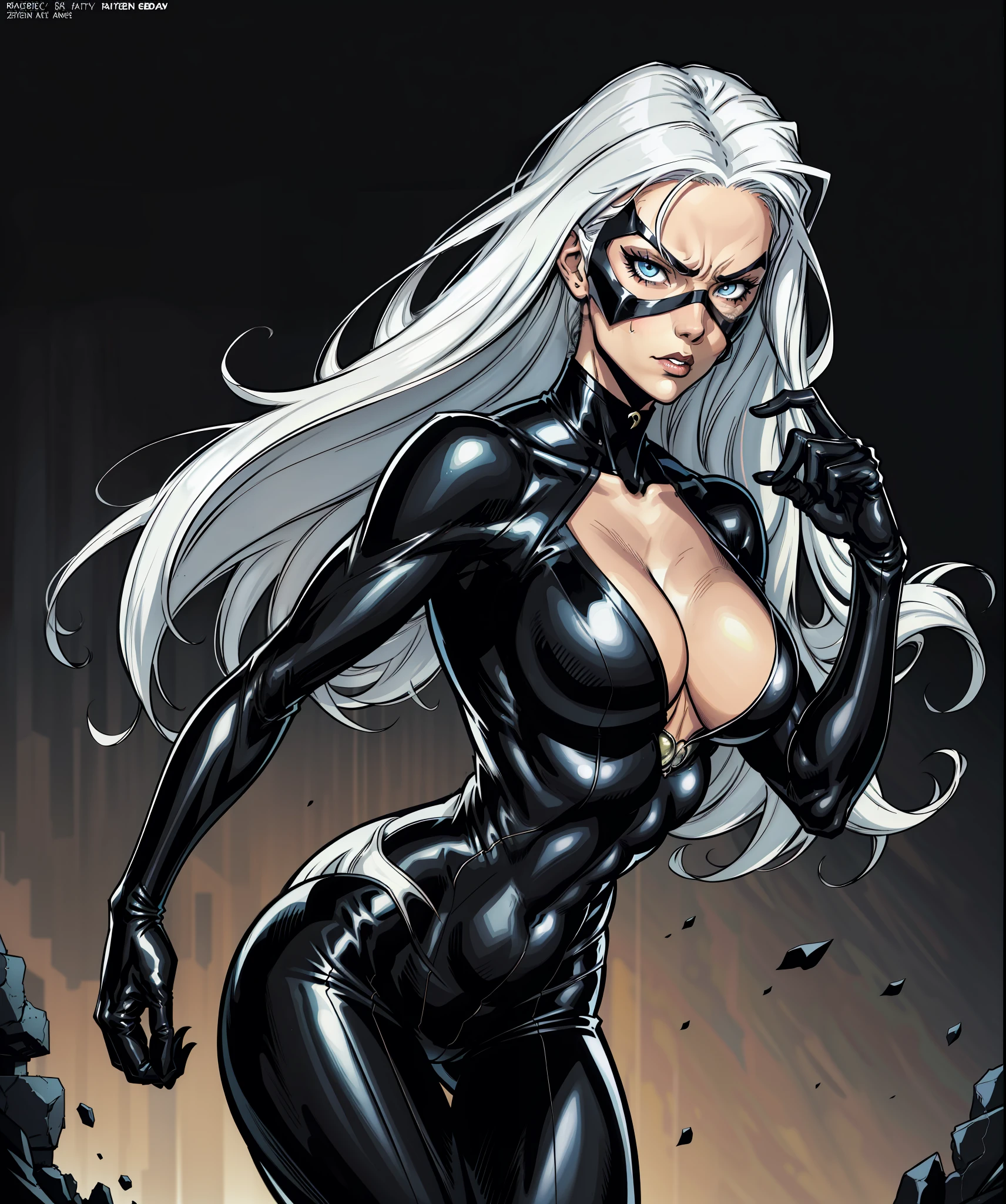 comic cover, gata negra, black cat, felicia hardy, with her mask, action pose, sexy pose, white hair, blue eyes, long hair, sexy body, curves, yusuke murata syle. Ilya Kuvshinov syle, anime art style, rosto bonito,