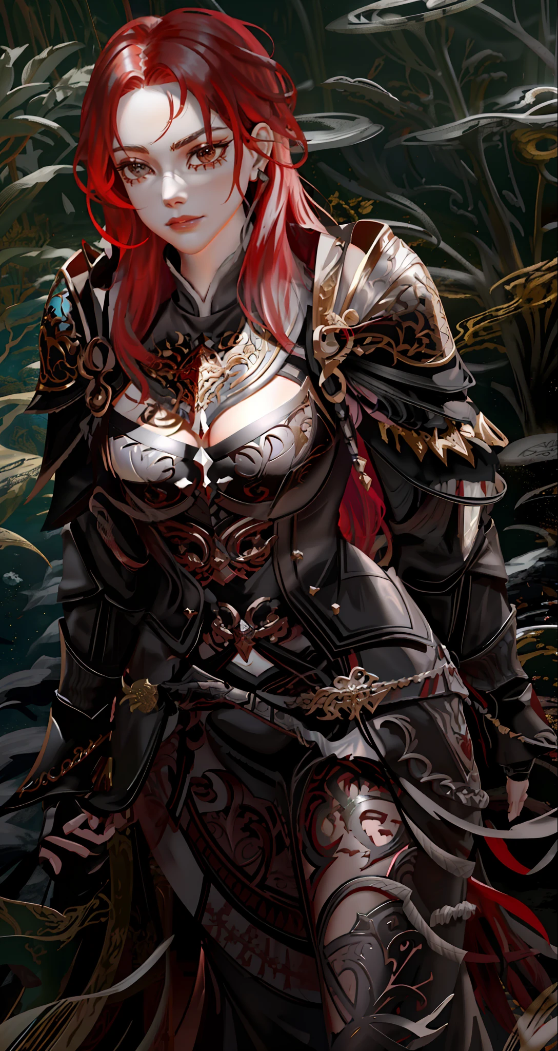 there is a woman with red hair and a black outfit, plated armor intricate, black fire color reflected armor, wearing witchblade armor, ornate flowing silvered robes, pale black armor, wearing gilded ribes, ornate bikini armor, eso armor, sliver ice color reflected armor, golden etched armor, ornate filigree armor, intricate etched armor, golden etched breastplate