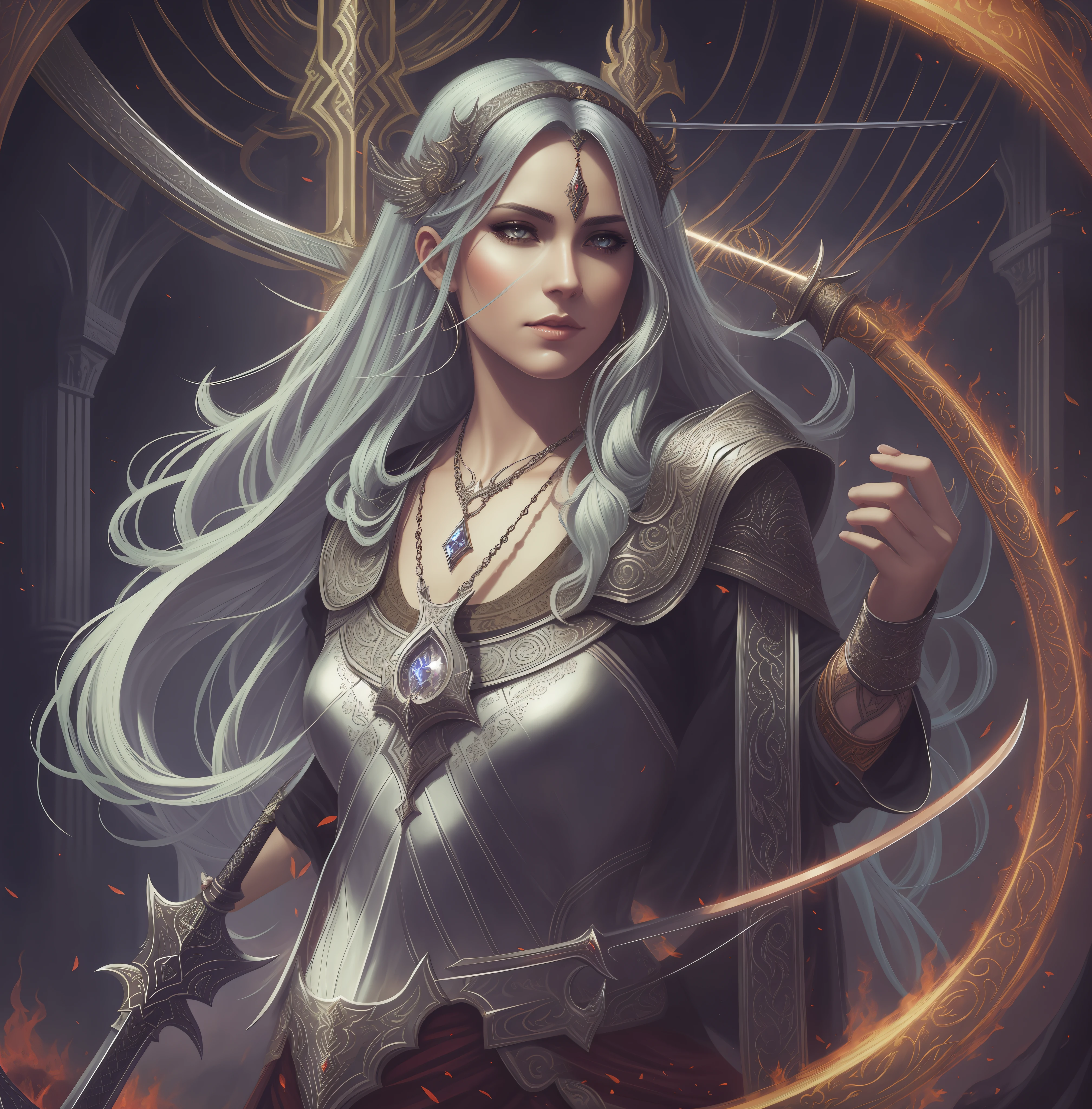 a close up of a woman with a sword and a ring of fire, epic fantasy style art, detailed digital 2d fantasy art, epic fantasy art style hd, epic fantasy art style, detailed fantasy art, epic fantasy digital art style, epic exquisite character art, detailed fantasy digital art, digital 2d fantasy art, dark fantasy style art, epic fantasy character art