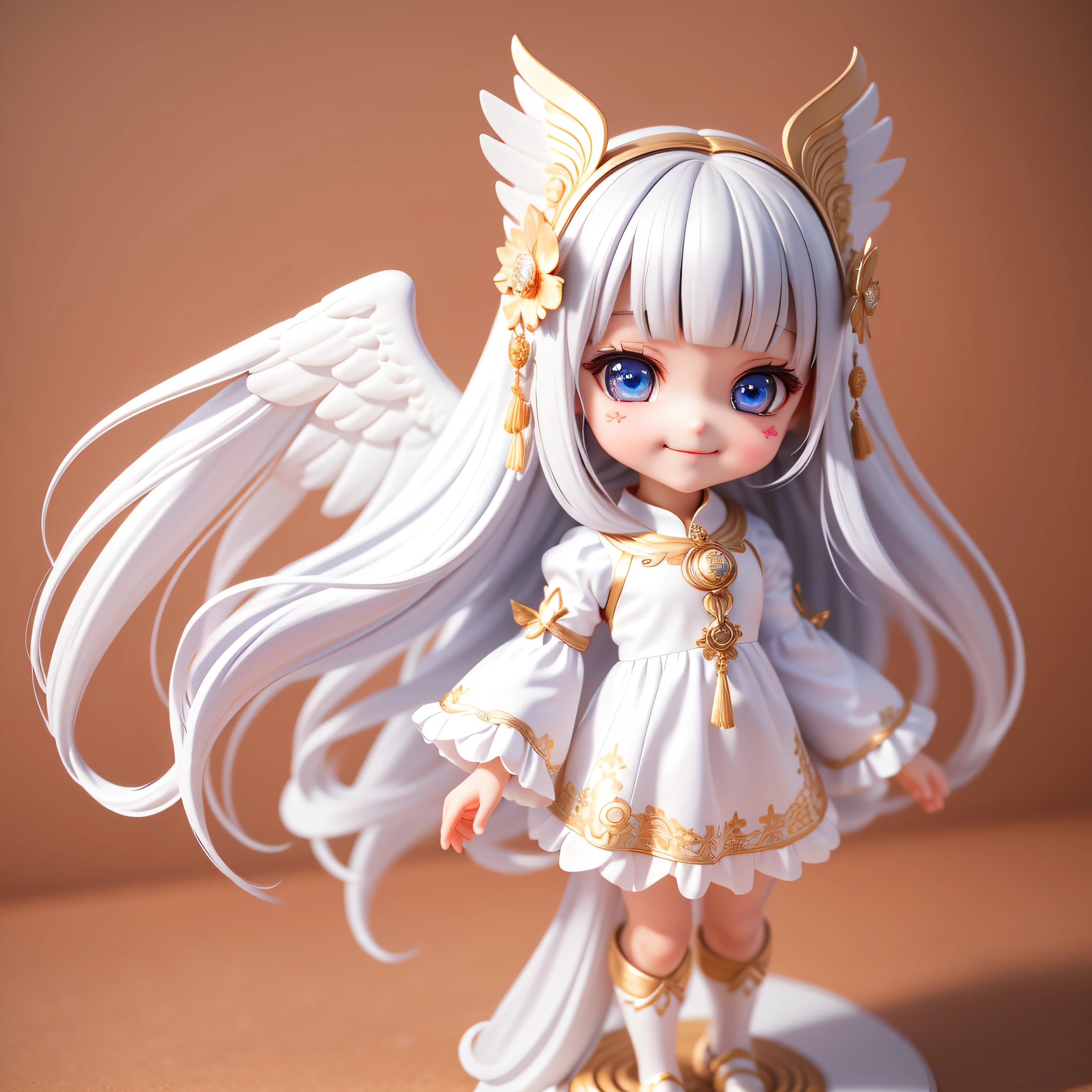 (Masterpiece), (Best Quality), (Super Detailed), (Full Body: 1.2), 1 Girl, Chibi, Cute, Smile, Heaven, Angel Cosplay, Blushing, 3, Long Hair, Angel Wings, Blurred, White Hair, Blush Sticker, Bangs, Angel Ring on Head (Beautiful Detailed Face), (Beautiful Detailed Eyes), Full Body Display, Being in a Magic Circle,