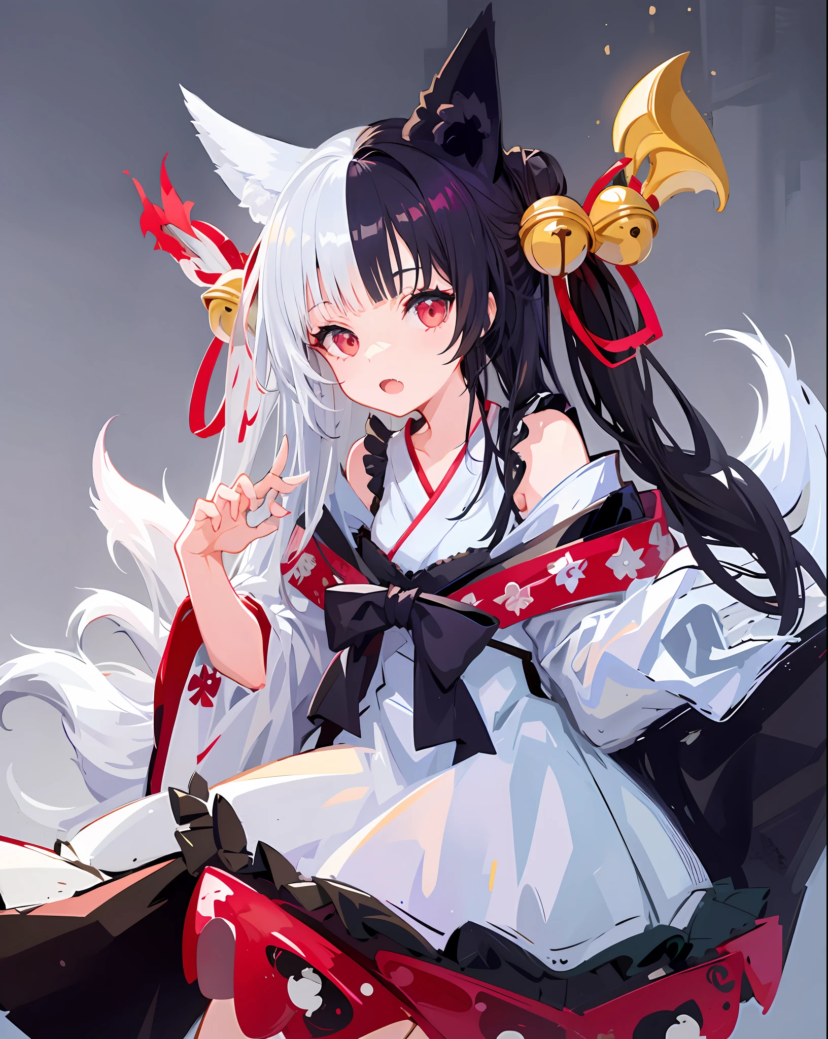 1girl,solo,fox_ears,alicemanabell, open mouth, closed mouth, upper body, (claw pose),skin fang, kimono