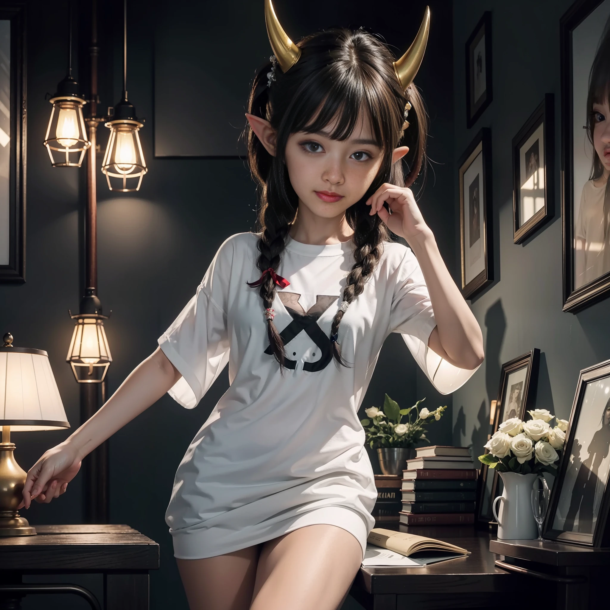 solo,(Bestquality:1.4 pcs),(a masterpiece:1.3 pcs),solo,(churches,night、,wintertime,Yellow light,desk lamp,Place your elbows on the table,jasmine,Dark hair,braids,Blue Eyes,Elf ears,Red fur coat,2 demon horns:1.3 pcs),solo,(Lovely interior,detailed interiors,Coffee fee,books,indoors,Lovely interior:1.3 pcs),Young girls,Wide white T-shirt,Black eyes,(Jewel-like pupils:1.3 pcs),(Clear face,Support your face with your hands),gazing upon,Serious gaze,smiled,adorable girl,fluffy hair, Cute doll