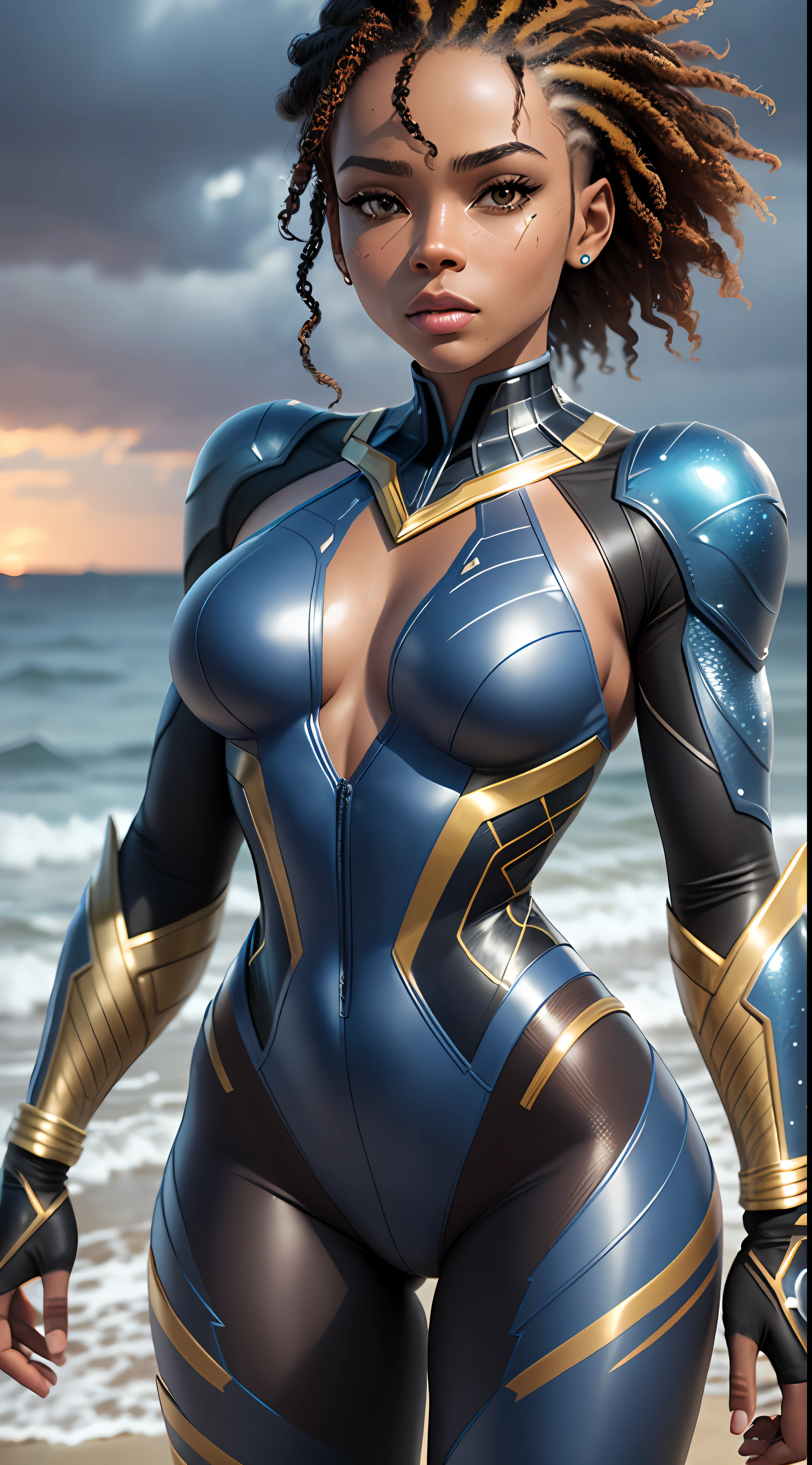 Light brown skin caribbean woman superhero in the style of aquaman and black panther, dark blue and gold suit, partial facemask, low fade hairstyle, mulatto skin tone, perfect proportion, Cyberpunk Edgerunner style, standing on beach while light rain, waves, distant view, 8K picture quality, shimmer, delicate picture, full body shot, character sheet, 3d, cgi