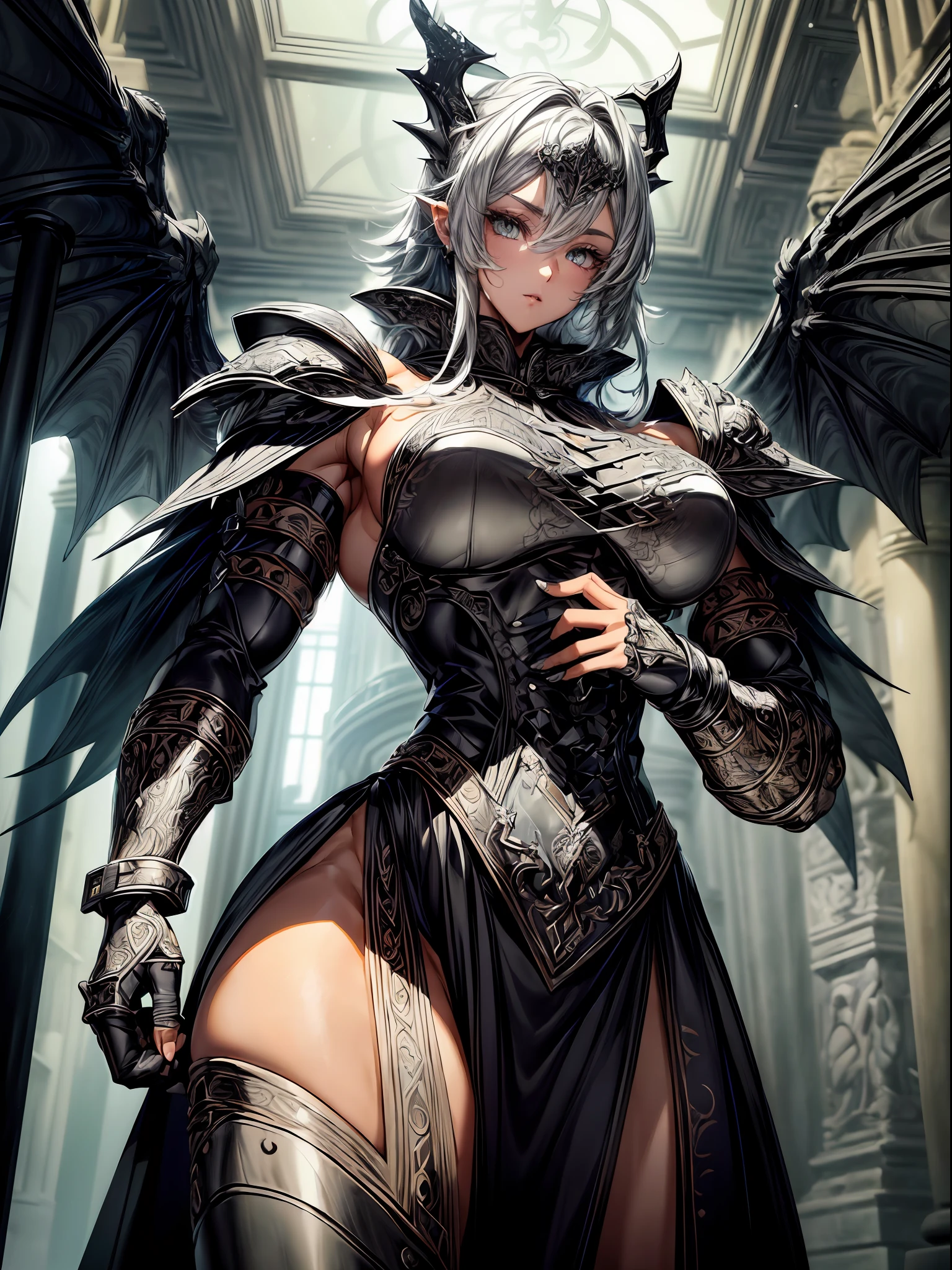 The Dragon Lord wears highly detailed black steel shoulder pads modeled after dragon heads with shimmering silver trimmings and ornaments, an overlying gray cloak with an extremely detailed large hood that falls low over the bearded face highly detailed gray feathered dragon wings with translucent membranes, insanely realistic graphics, insanely detailed details, ultra realistic and highly detailed heavy black steel armor with shiny silver shiny decorations on a gray tunic, extremely detailed heavy black steel gloves, steel boots with reinforced shiny silver ornaments, in a vaulted hall during the
,(((short_hair))),((potrait_girl)),((dynamic_pose)),((from_side)),((muscular)),(((intricate dress,detailed accessories,intricate clothes)),((holding sword))
,((Best quality)), ((masterpiece)), ((highly intricate details)),beautiful, high quality, highres, absurdres, light difussion, intricate details, complex details, ((anime)), (anime:1.2) , (perfect face:1.3), extreme detailed eyes, colorful, highest detailed, vibrant colors, high contrast, (8K UHD:1.2), (photorealistic:1.2),(masterpiece:1.4), (best quality:1.4),extremely detailed wallpaper, highly detailed illustrations, ((1 Girl)), (best lighting) , (super-complex details) , 4K unified, (super-detailed CG: 1.2) , (8K: 1.2),(original), (masterpiece) , (best quality) , (reality: 1.3) , photorealistic, Octane rendering, (surreal: 1.2)