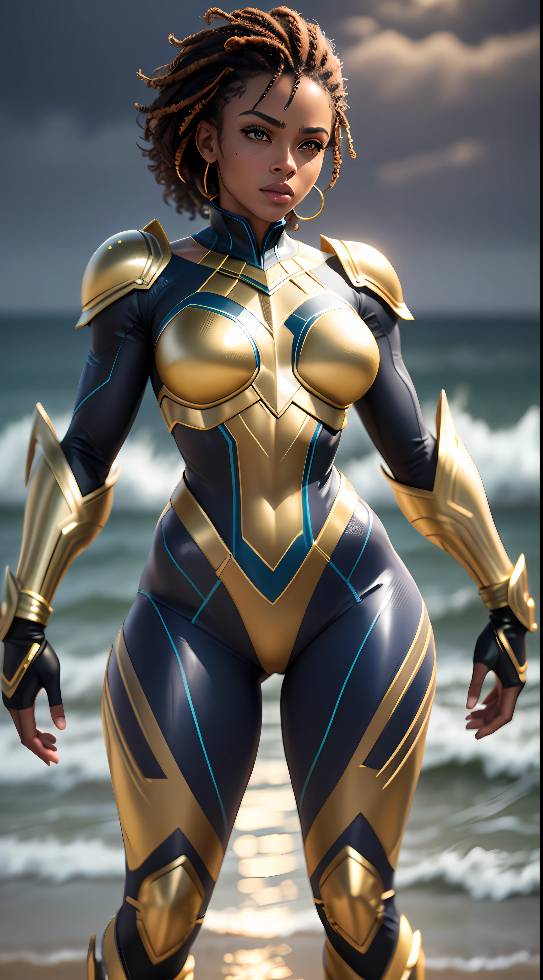 Light brown skin caribbean woman superhero in the style of aquaman and black panther, dark blue and gold suit, partial facemask, low fade hairstyle, mulatto skin tone, perfect proportion, Cyberpunk Edgerunner style, standing on beach while light rain, waves, distant view, 8K picture quality, shimmer, delicate picture, full body shot, character sheet, 3d, cgi