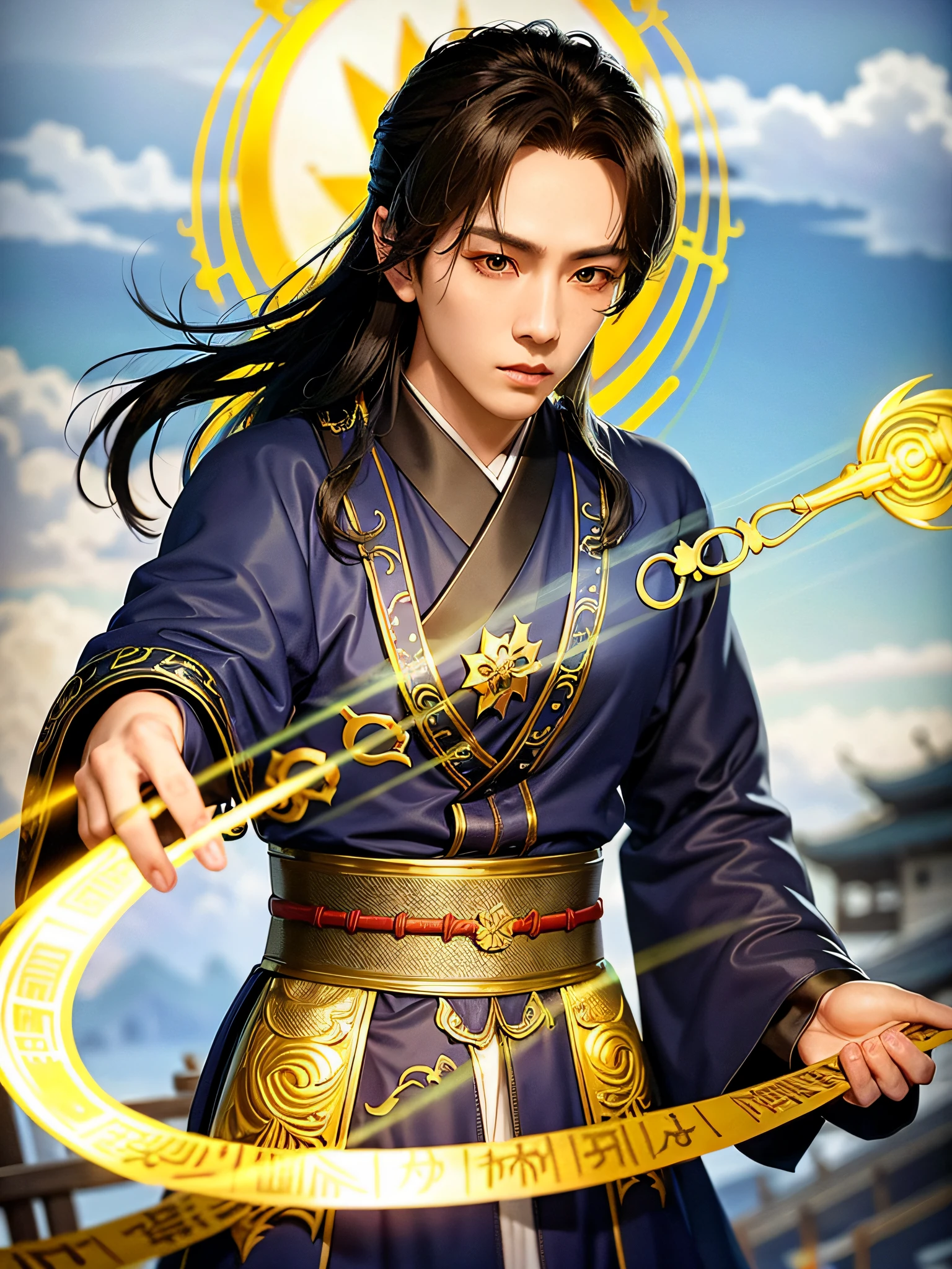 (Positive Focus), (In the Dark: 1), (Best Quality), (Realisticity: 1), Realistic Skin Texture, Highly Detailed, 8k Wallpaper, Volume Lighting, Dynamic Lighting, A Boy, White Hanfu, Black Ponytail Long Hair, Black Hair, Delicate Eye Portrayal, Handsome, Fairy Fluttering, Black Taoist Robe, Antique Style, Mist, Clouds Wrapped Around Quest, Wide Robe with Big Sleeves, Dynamic Pose, Dramatic Composition, Fluttering Hair, Handheld Spells, Runes Emit Blue Light, Yellow Streamer Bagua Texture, Red text on rune paper, ancient Chinese architectural background, complex background, clouds and mist entanglement, fairy background, clouds and mist, Taoist nature, Chinese Taoist, movie lighting,
